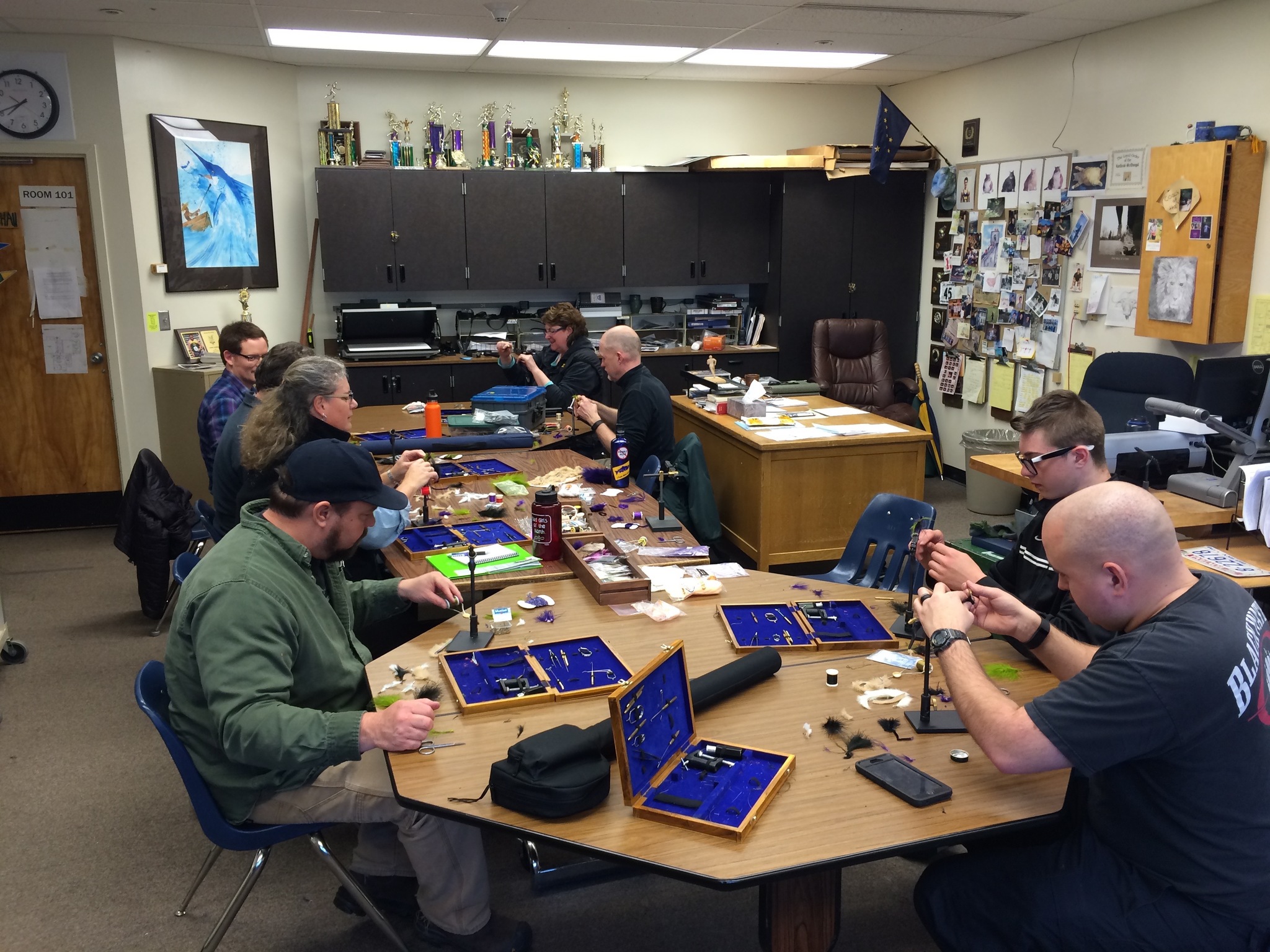 The Beginning Fly Fishing Class at Kenai Peninsula College, tying some flies in preparation for their field trip. (Photo courtesy Dave Atcheson)