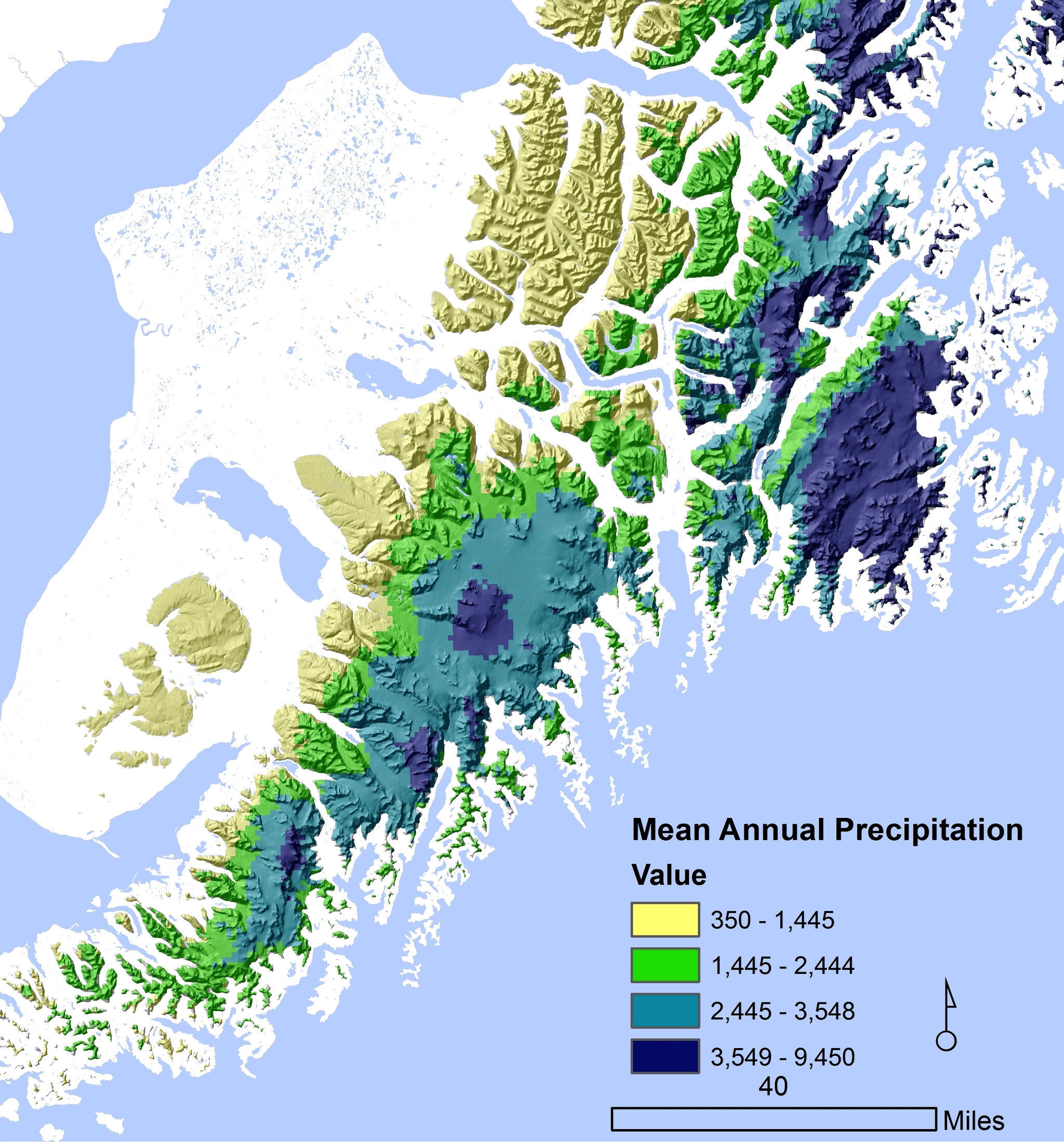 Annual precipitation varies in alpine habitats above 1500 feet on the Kenai Peninsula due to the effects of rain shadows. Precipitation amounts in millimeters and extrapolated from weather stations by AdaptWest (https://adaptwest.databasin.org/).