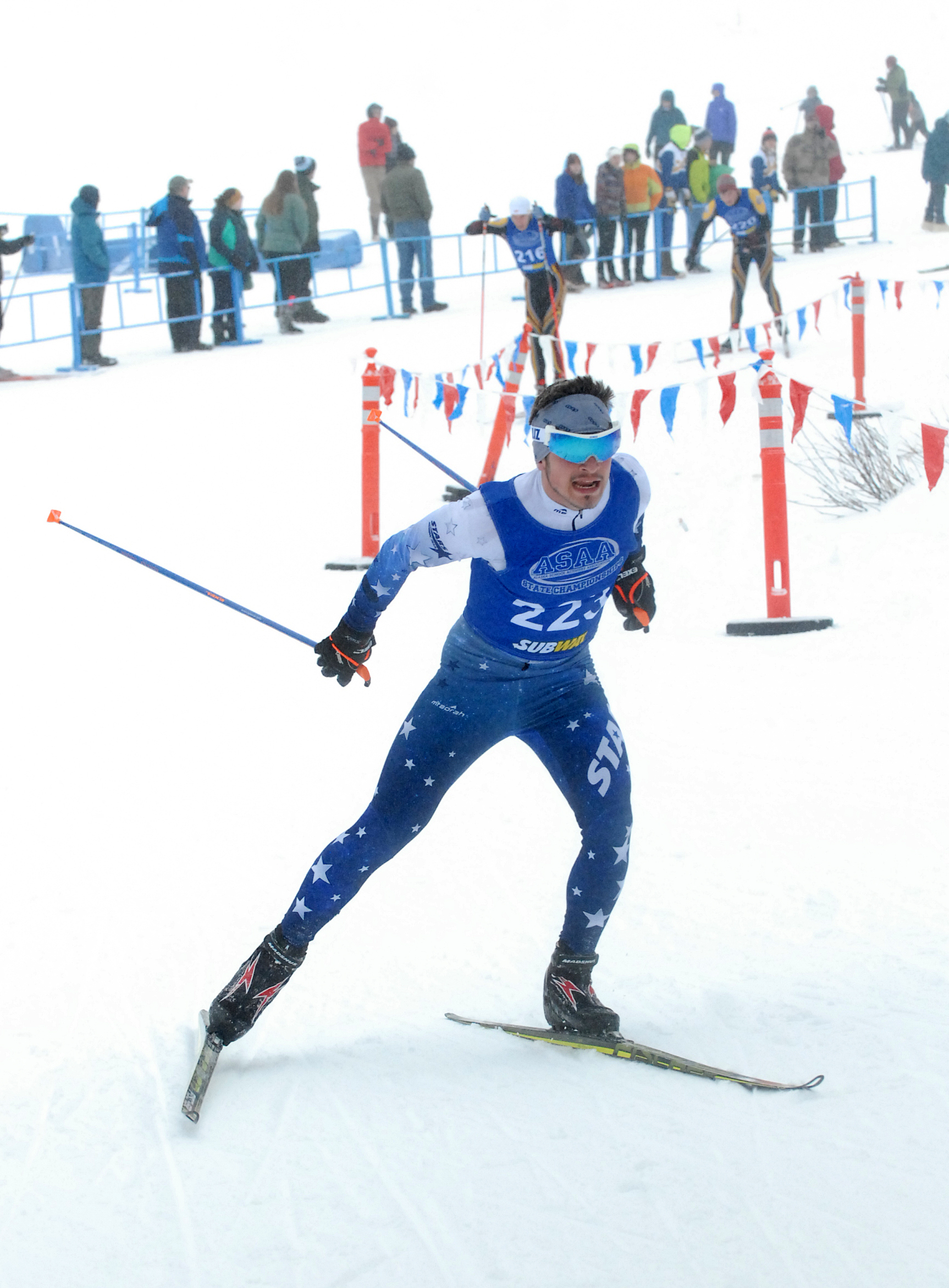 Soldotna skier Koby Vinson races Friday at the state ski championships at Kincaid Park in Anchorage (Photo by Matt Tunseth/Alaska Star)