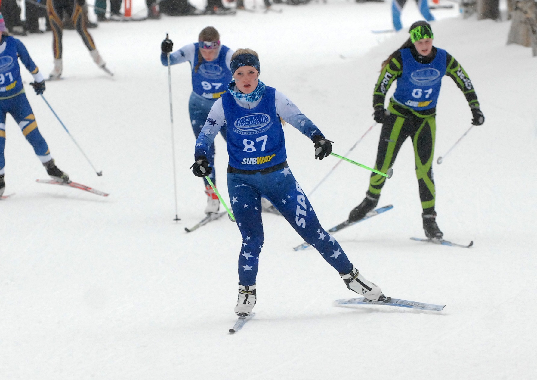 Soldotna’s Selby Hill races Friday at the state ski championships at Kincaid Park in Anchorage (Photo by Matt Tunseth/Alaska Star)