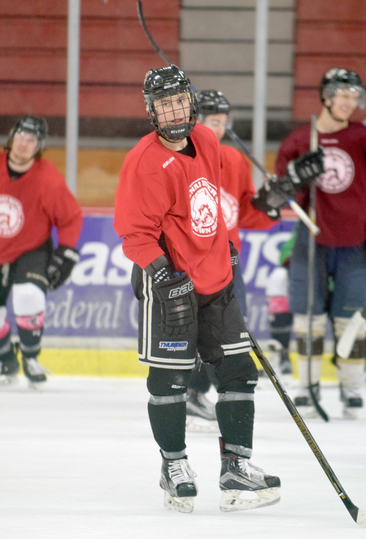 Kenai River Brown Bears forward Jake Friedman takes a break during practice on Feb. 14, 2017, at the Soldotna Regional Sports Complex.