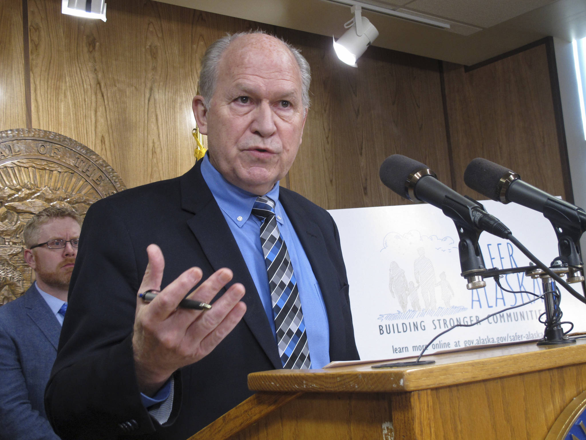 Alaska Gov. Bill Walker speaks during a news conference in which he outlined legislation aimed at further addressing opioid abuse in the state on Monday, March 6, 2017, in Juneau, Alaska. (AP Photo/Becky Bohrer)