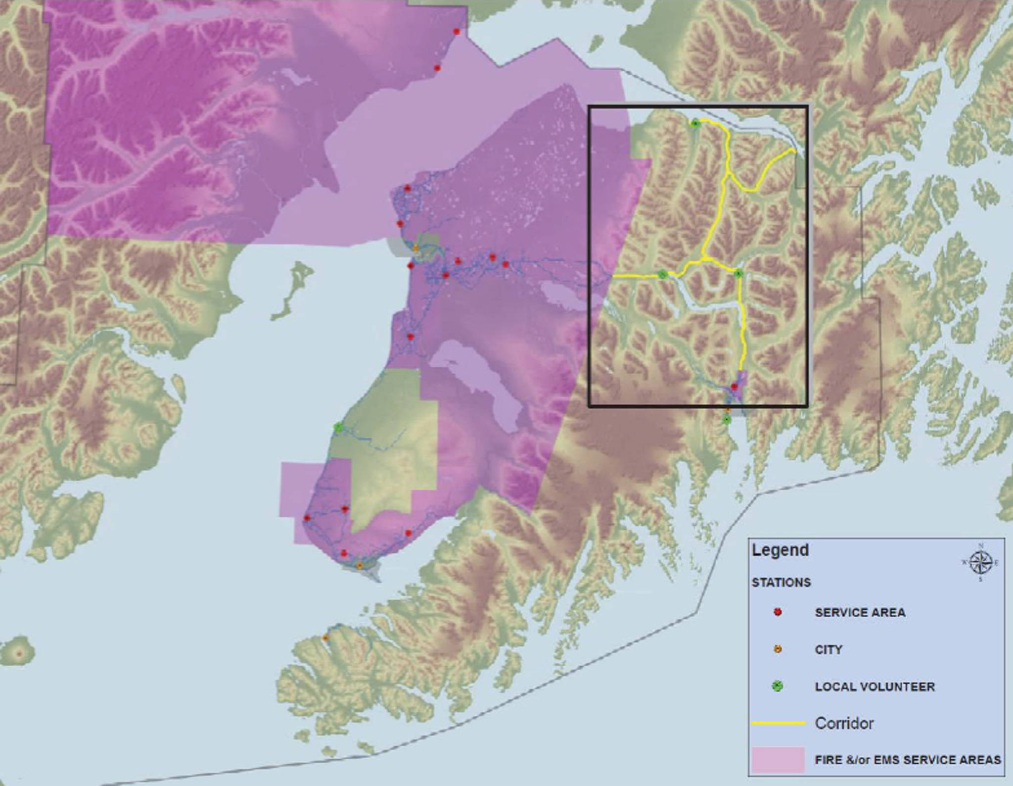 This map, included in a Tuesday, March 7 workgroup presentation to members of the Kenai Peninsula Borough, outlines in yellow the boundary of a proposed emergency service area covering the highway corridors of the eastern peninsula, with existing borough emergency service areas shaded in purple. Green dots show volunteer-staffed emergency service stations in Cooper Landing, Moose Pass, and Hope. Red dots are the stations of existing service areas.