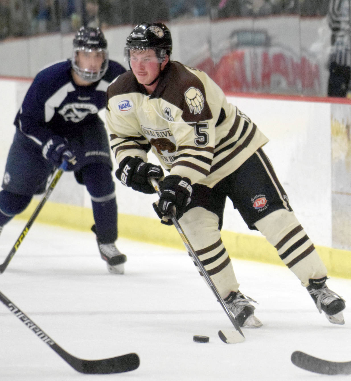 Kenai River Brown Bears defenseman Sam Sterne moves the puck on Nov. 11, 2016, against the Janesville (Wisconsin) Jets at the Soldotna Regional Sports Complex. (Photo by Jeff Helminiak/Peninsula Clarion)