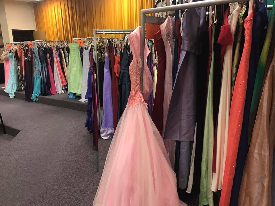 Donated dresses line the walls of the Soldotna Prep School’s Choir Room, transforming the room into Cinderella’s Closet, a charitable event that offers prom dresses and accessories to high school students in the Kenai Peninsula Borough School District. (Photo courtesy Emanuela Pokryfki/Kenai Peninsula Borough School District)
