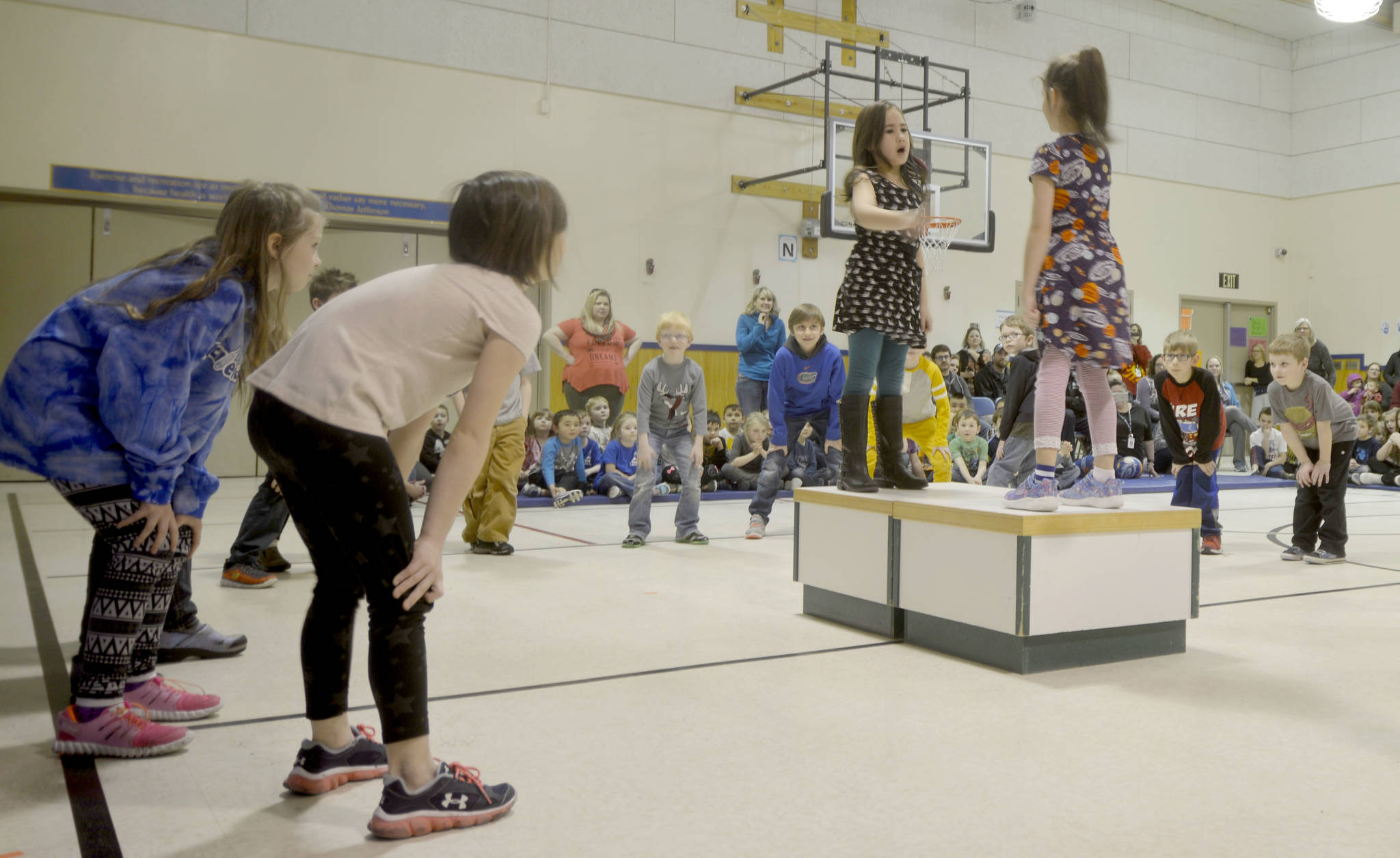 Kindergarten students at Kaleidoscope School of Arts and Science acted out a scene from Shakespeare’s “A Midsummer Night’s Dream” on Thursday, March 9, 2017 as the culmination of Artist In Residence Elizabeth Ware’s work with the students. (Kat Sorensen/Peninsula Clarion)