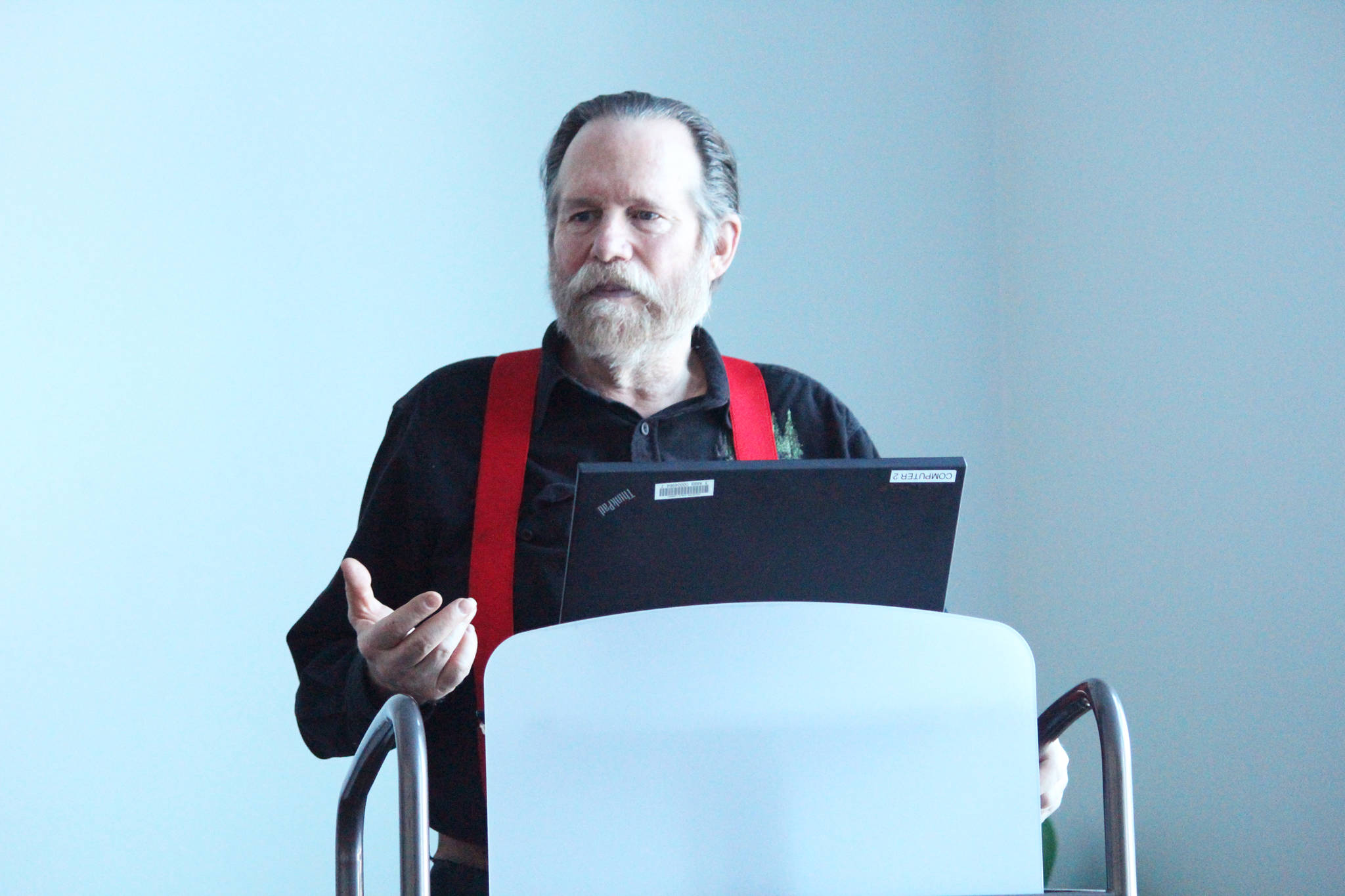 Stephen Stringham talks to a small group of people about bear safety techniques during a presentation Saturday, March 4, 2017 at the Joyce K. Carver Memorial Library in Soldotna, Alaska.