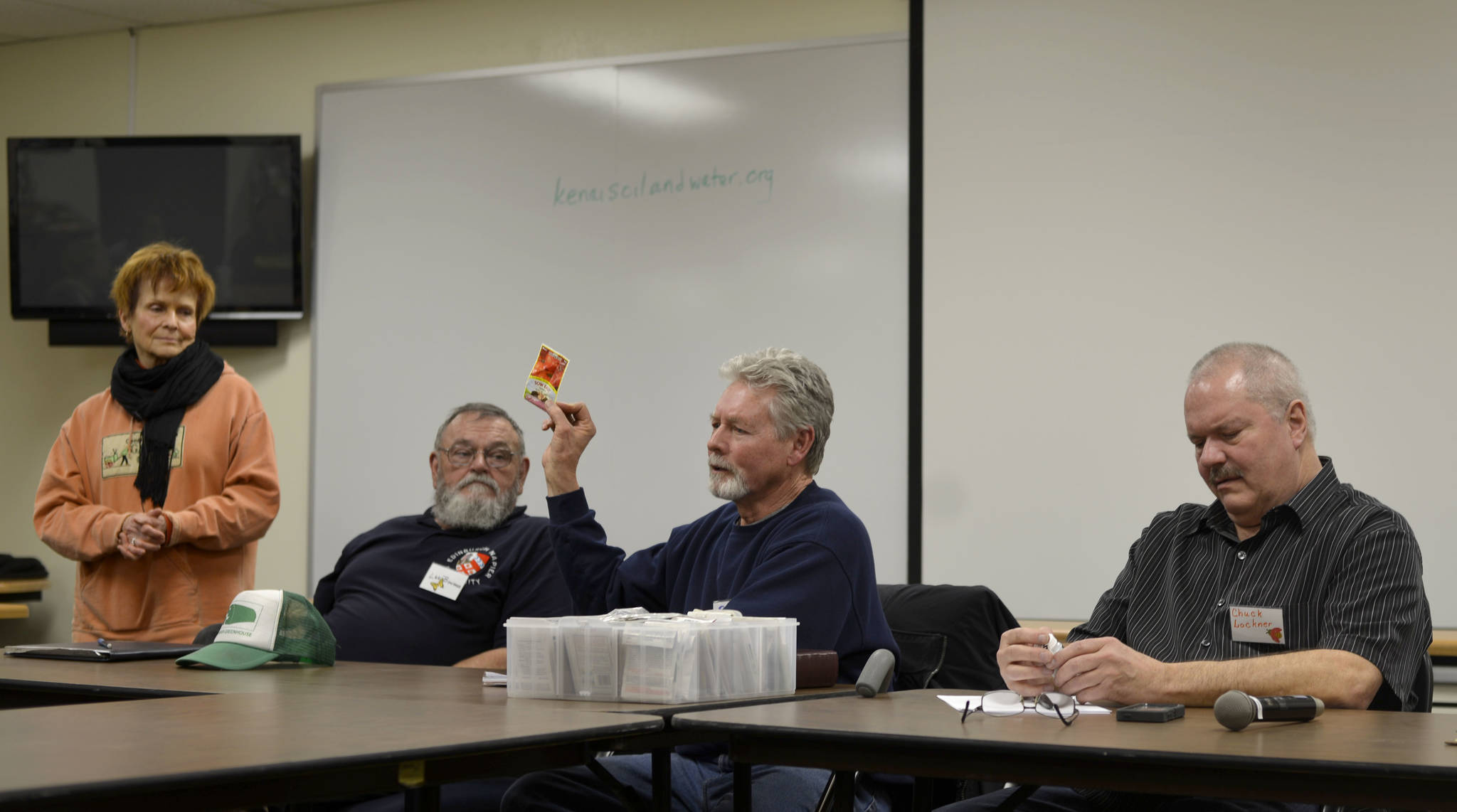 Moderator Marion Nelson, left, led a discussion among panelists Lee Bowman, Don Adams, Chuck Lockner and Dennis Spindler about seeds, soils and sprouts in preparation for the Spring 2017 growing season on Tuesday, March 14, 2017. The meeting was part of the Central Peninsula Garden Club’s monthly programming. (Kat Sorensen/Peninsula Clarion)