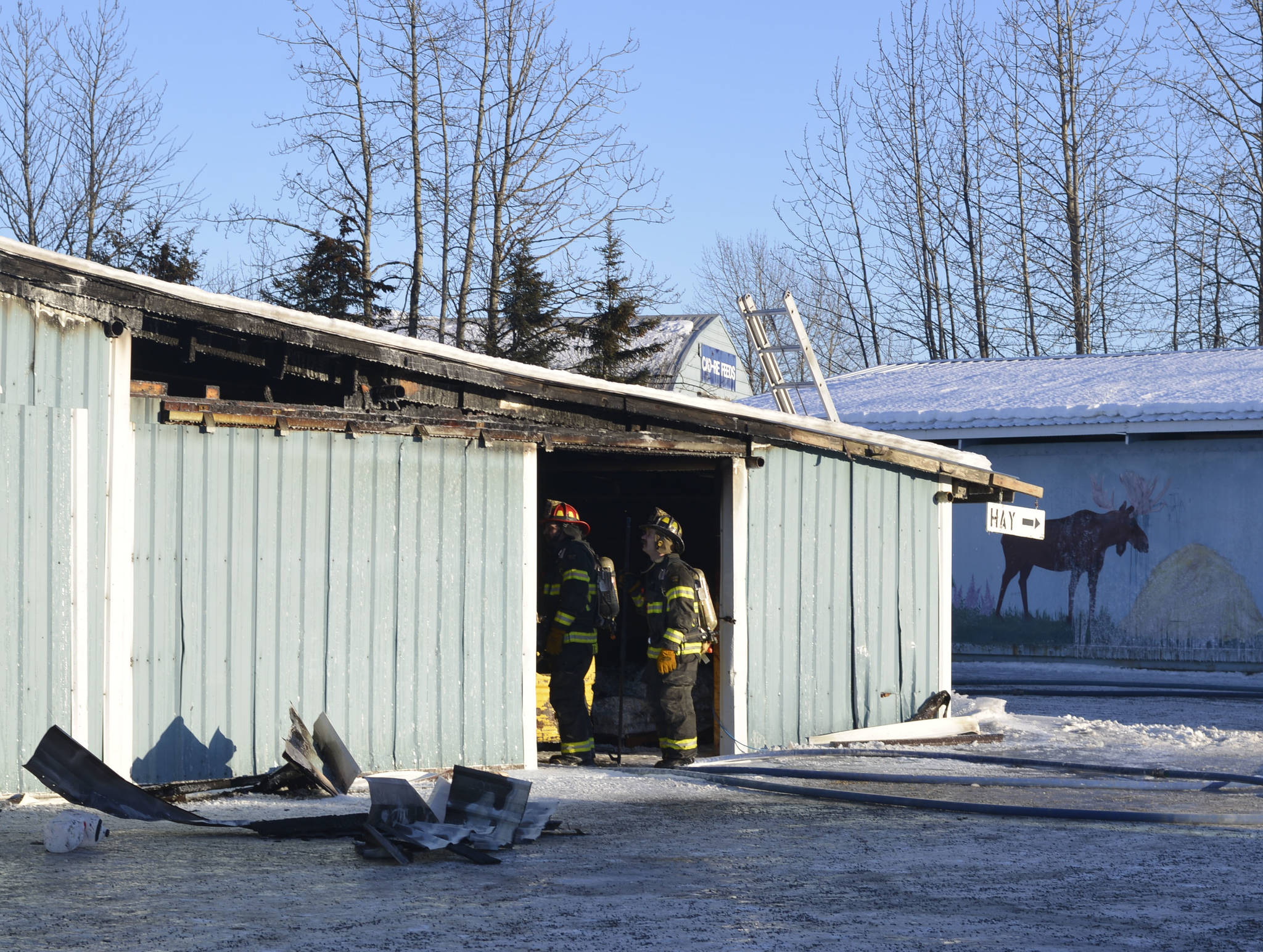 Central Emergency Services responded to a fire at Cad-Re Feeds in Soldotna on Thursday, March 16, 2017 in addition to a second fire that took place on Swanson River Road earlier that evening. (Kat Sorensen/Peninsula Clarion)
