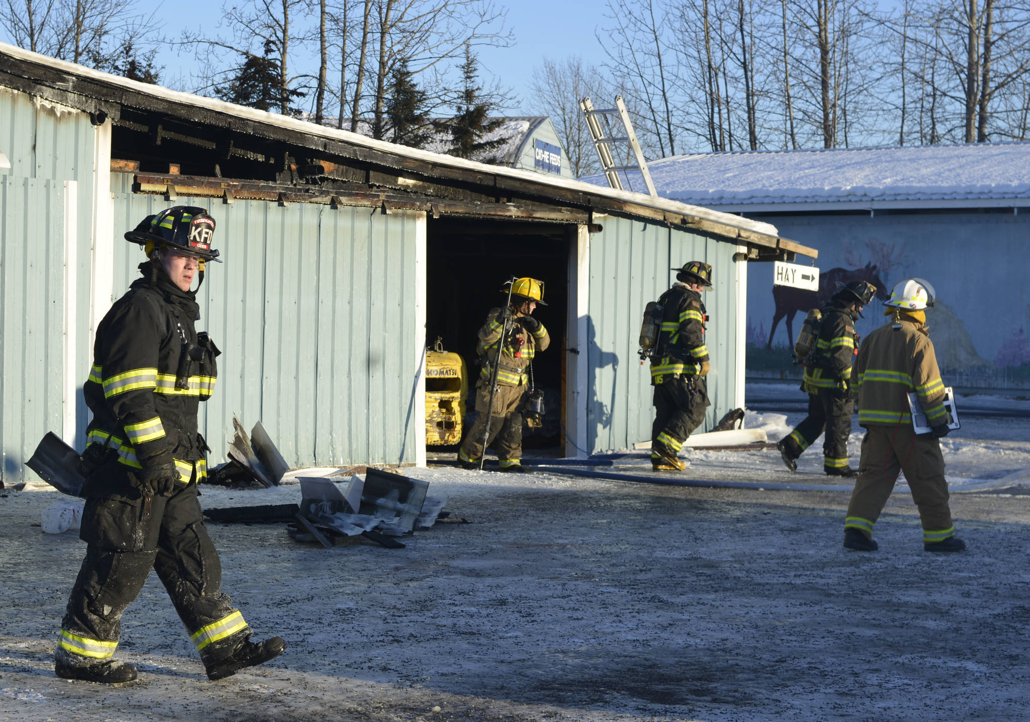 Central Emergency Services responded to a fire at Cad-Re Feeds in Soldotna on Thursday, March 16, 2017 in addition to a second fire that took place on Swanson River Road earlier that evening. (Kat Sorensen/Peninsula Clarion)