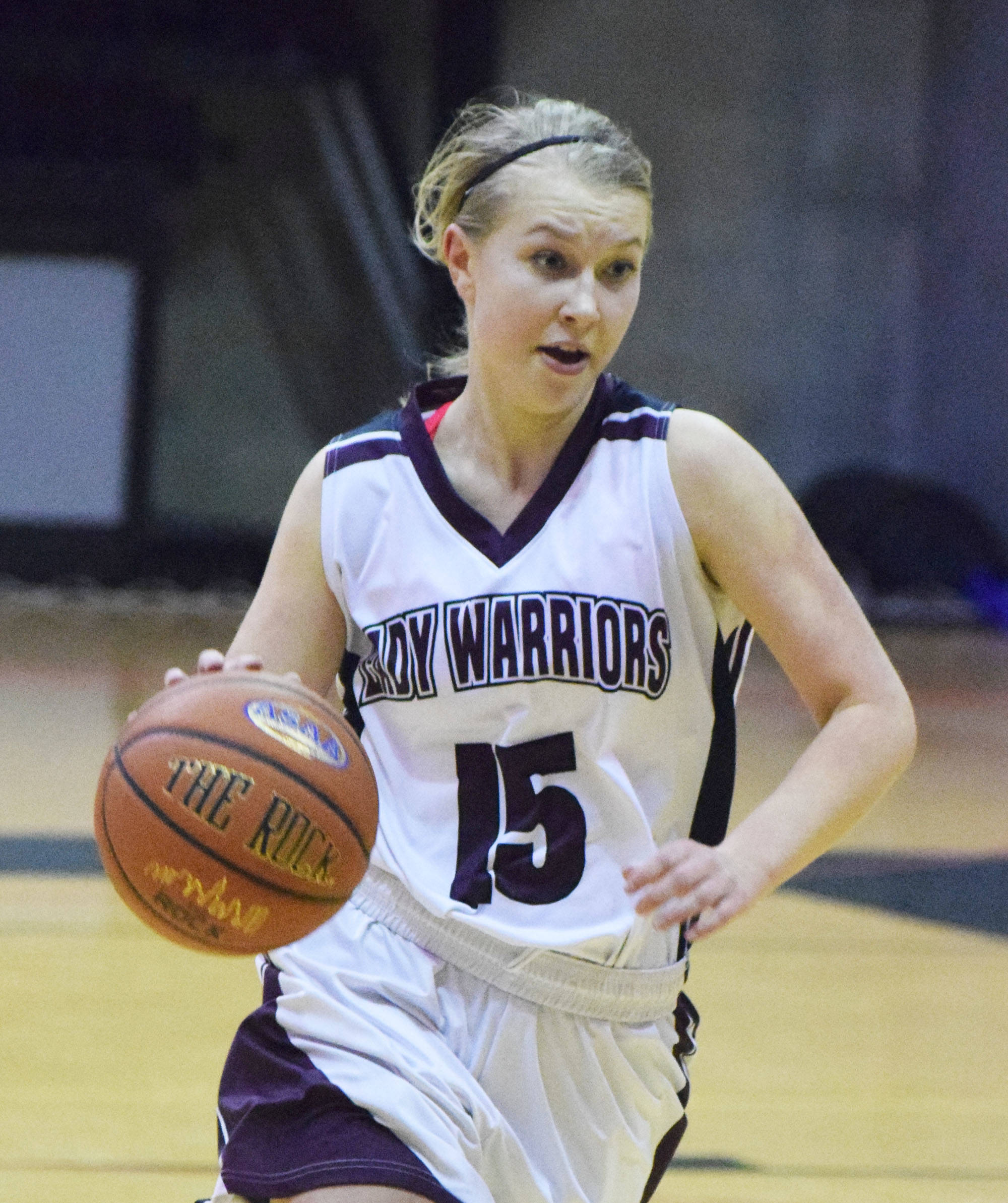 Nikolaevsk’s Vera Fefelov brings the ball up court against Aniak on Friday, March 17, 2017, at the Class 1A state girls tournament at the Alaska Airlines Center in Anchorage. (Photo by Joey Klecka/Peninsula Clarion)