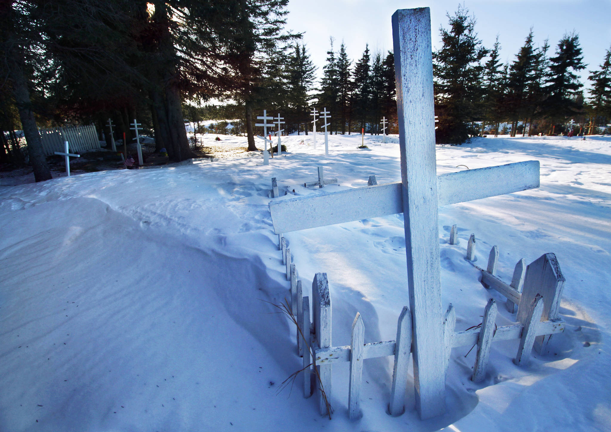 Grave markers stand in Kenai’s cemetery on Friday, March 17, 2017 in Kenai, Alaska. With the number of open plots in the cemetery shrinking, the Kenai City Council on Wednesday unanimously approved a moratorium on purchasing graves in advance for those still living. (Ben Boettger/Peninsula Clarion)