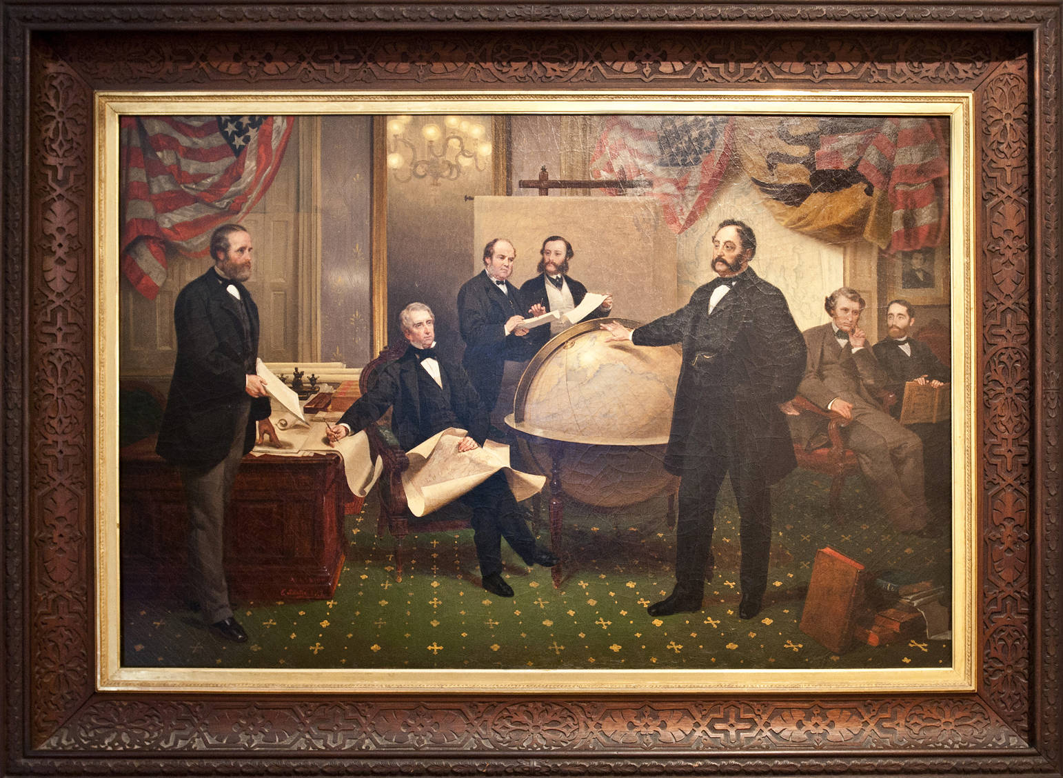 “Signing of the Alaska Treaty” by Emanuel Gottlieb Leutze, depicts William H. Seward (seated by the desk) and Russian envoy Eduard de Stoeckl (standing by the globe). The painting, from the collection of the Seward House Museum, Auburn, New York, is on display this spring and summer at the Anchorage Museum. (Image courtesy of Seward House Museum)