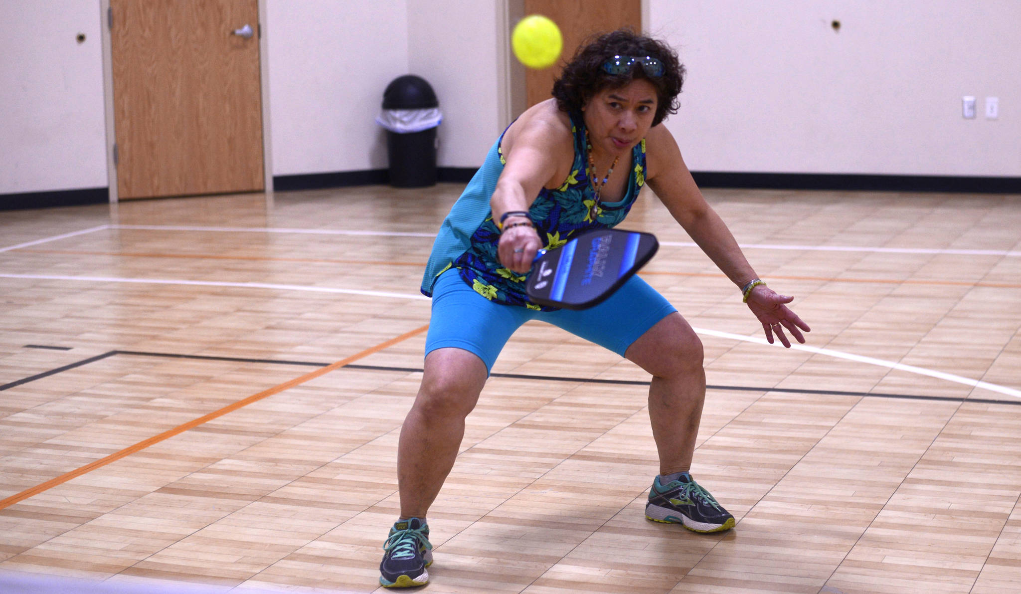Pickleball padawan Ludy Link returns a volley in a game of pickleball at the Pickleball Skills and Drills instructional clinic on Monday, March 27, 2017 at the Sterling Community Center in Sterling, Alaska. The Sterling Community Center recently began offering introductionary lessons to the tennis-like game every Monday from 11:30 a.m to 1:00 p.m. The classes cost $6, or are free for Sterling Community Center members.