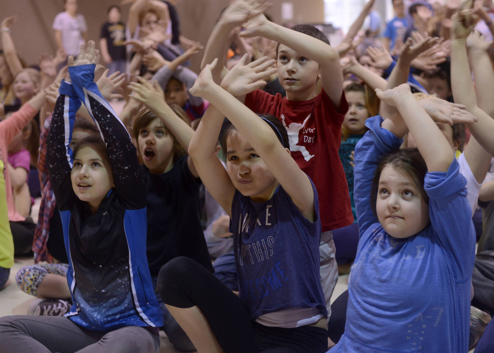 Students from across the Kenai Peninsula Borough School District participate in The Young Americans workshop held at Mountain View Elementary on March 28 , which aims to develop students’ performing arts skills. (Photo by Kat Sorensen, Peninsula Clarion)