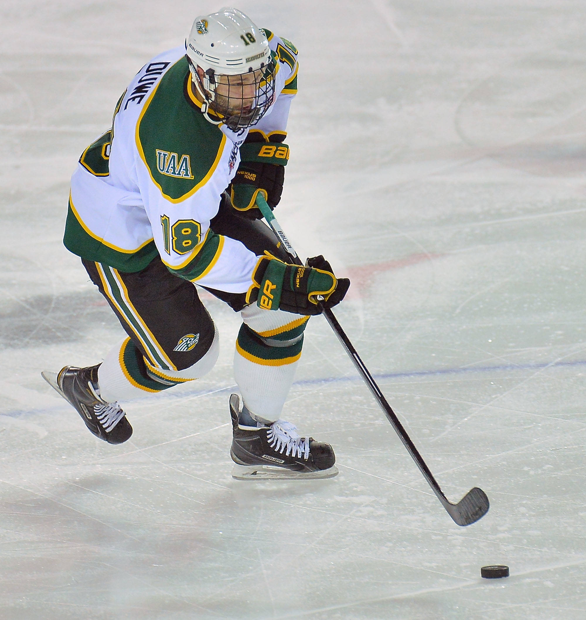 Forward Brad Duwe controls the puck in a game against Bowling Green on Oct. 31, 2015. (Photo provided by UAA Athletics)