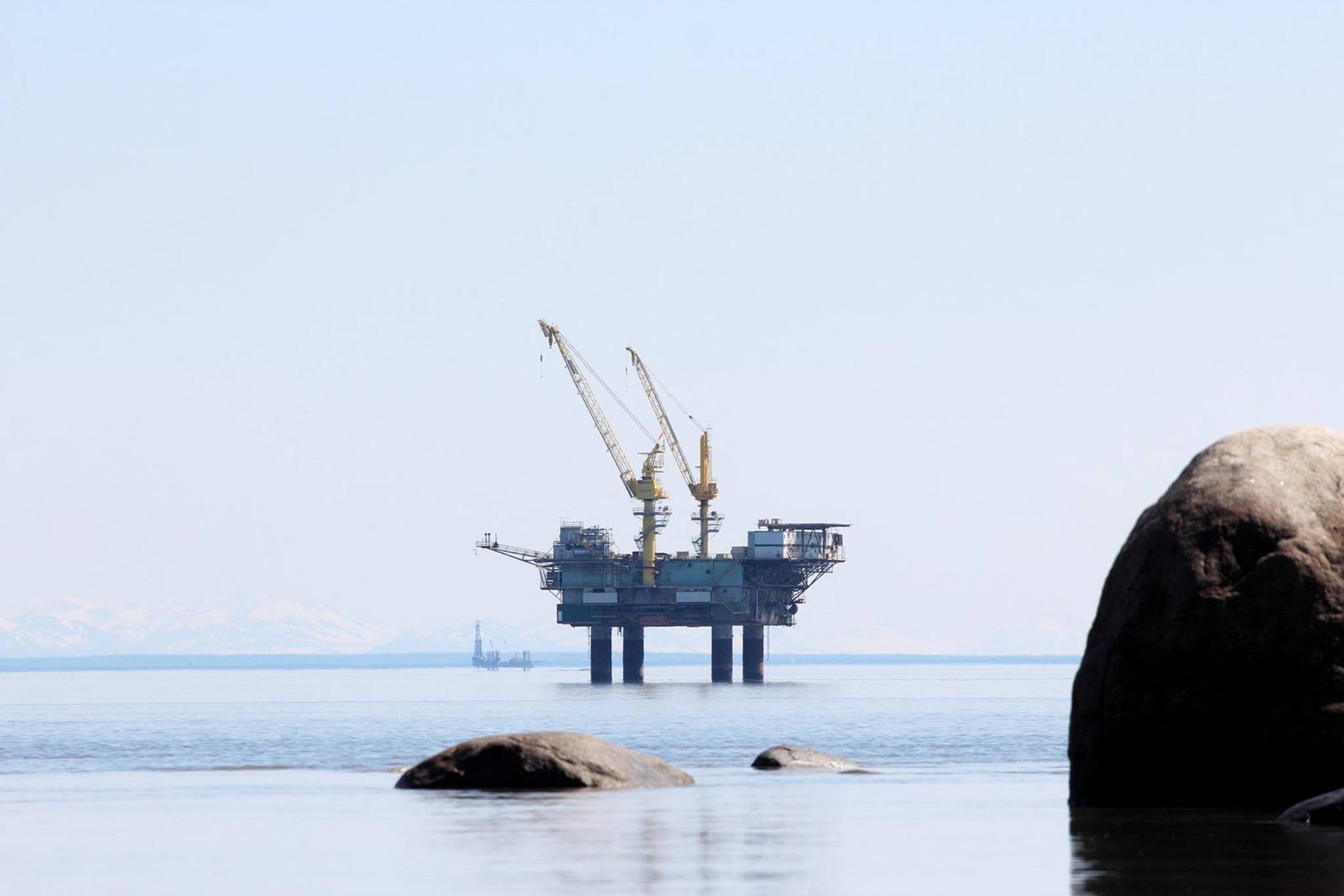 The Bruce oil drilling platform, operated by Hilcorp, stands in Cook Inlet. On Saturday, the company shut in the Bruce platform and its neighboring Anna platform in response to a leaking crude oil pipeline on the Anna platform. (Photo courtesy Ground Truth Trekking)