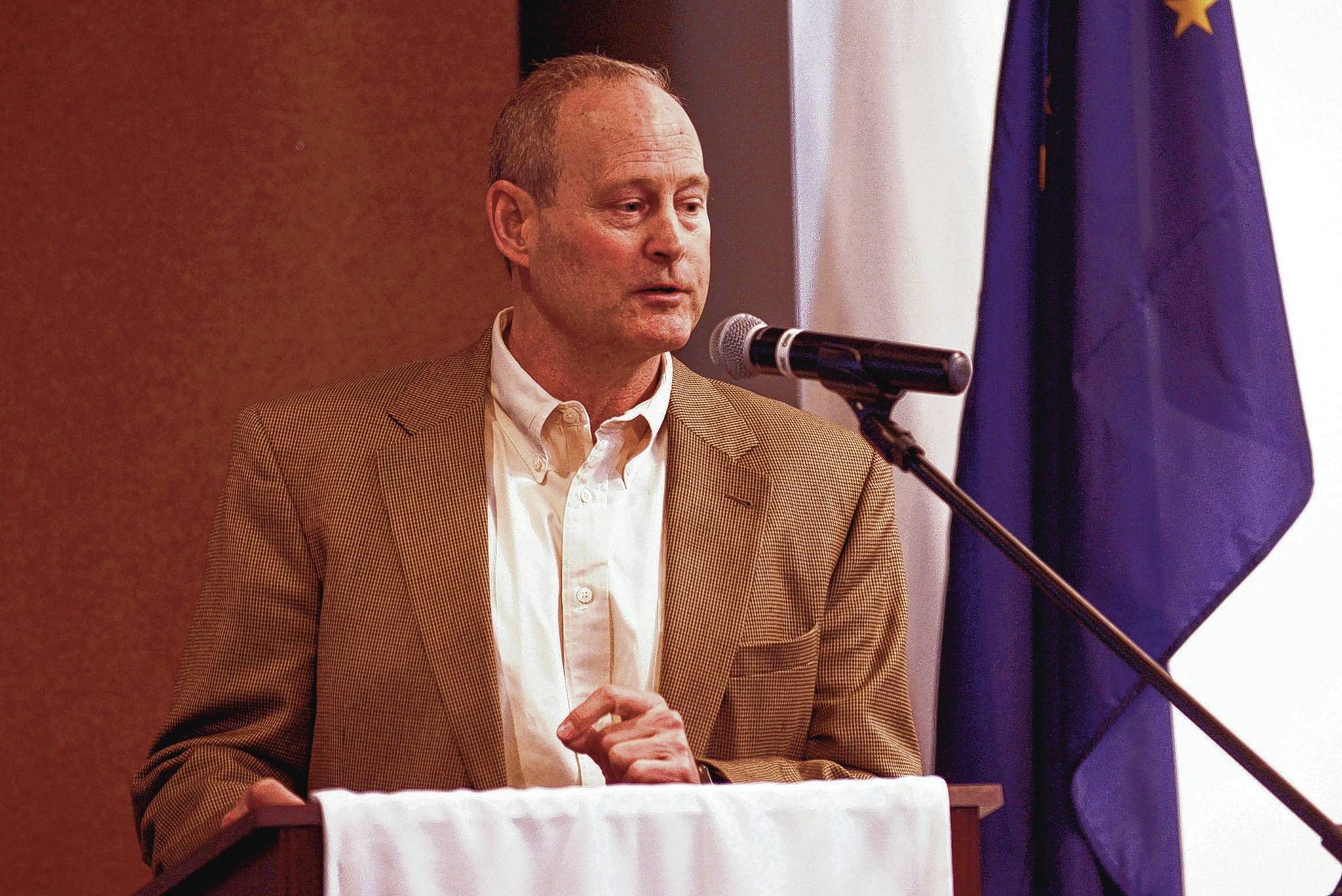 Pat Foley, Senior Vice President of Alaska Operations for North Slope oil producer Caelus Energy, speaks on the oil industry's importance to Alaska's fiscal recovery during a talk on Wednesday, April 5 at the Kenai Chamber of Commerce and Visitor's Center. "We're all in the oil business," Foley told his audience, speaking of oil's central place in Alaska's economy. (Ben Boettger/Peninsula Clarion)