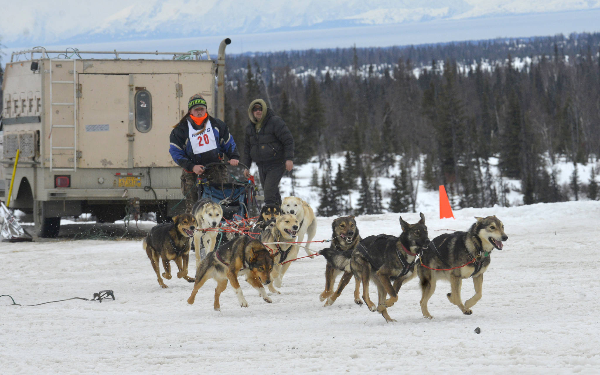 Musher Leah Gifford takes off from the starting line of Freddie’s Midnight Run on Saturday, April 1 in Caribou Hills after the race’s shotgun start, where mushers race from their sleeping bags and hook up their dogs before starting on the trail. (Kat Sorensen/Peninsula Clarion).
