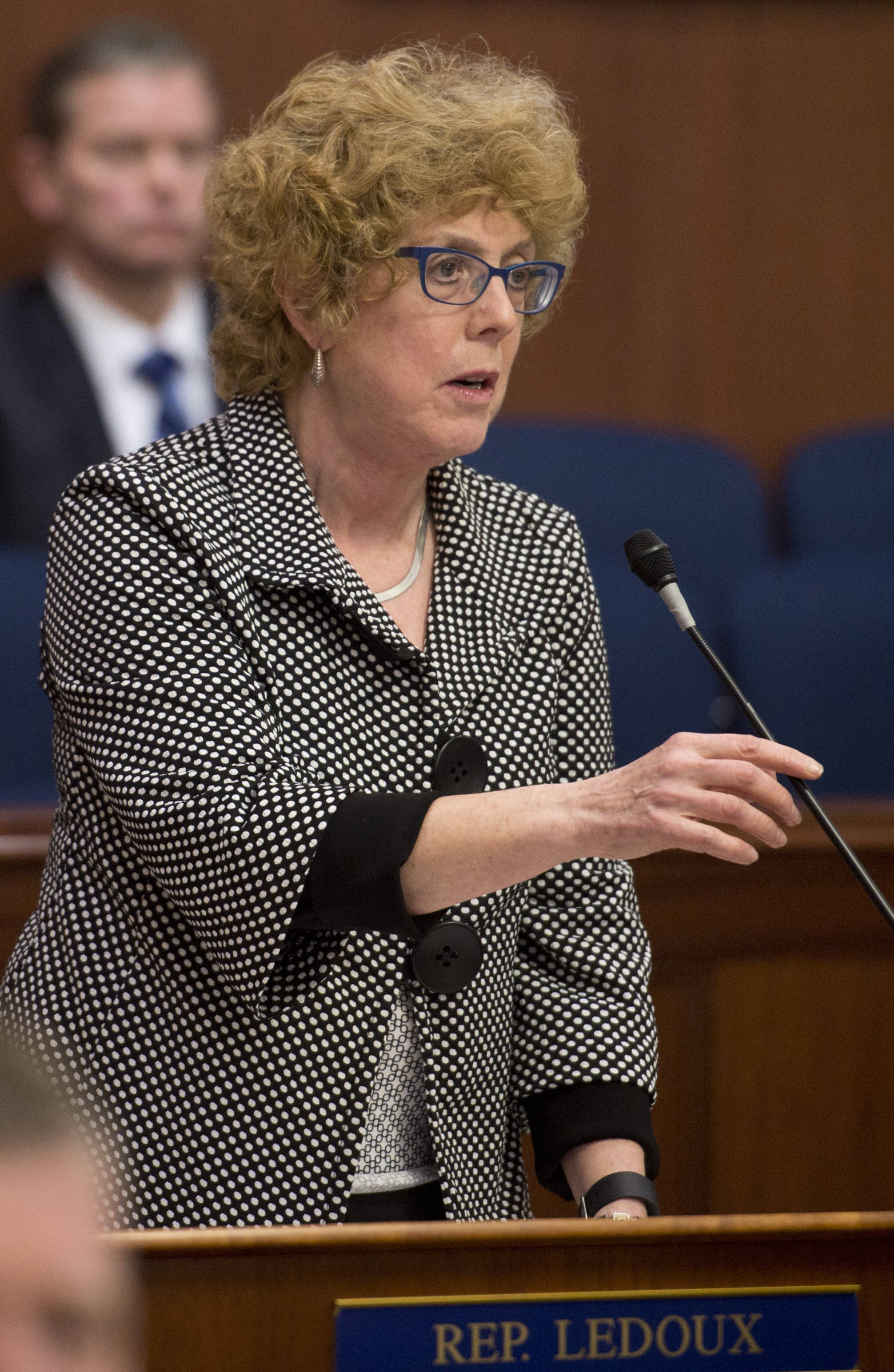 Rep. Gabrielle LeDoux, R-Anchorage, speaks in the House chambers on Wednesday, April 5, 2017. Rep. LeDoux is sponsoring HB 200 that would establish a top two nonpartisan open primary election system for elective state executive and state and national legislative offices. (Michael Penn | Juneau Empire)