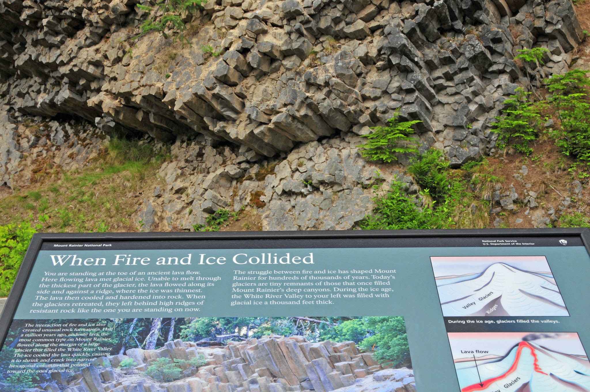 This Sept. 6, 2008 photo provided by John Chao shows the Fire & Ice sign in Mount Rainier National Park in Washington. Photographer John Chao captured this good example of how interpretive signs work best: this panel in the park is placed in front of the geological feature it describes, so visitors can see the landscape and read about it at the same time. (John Chao via AP)