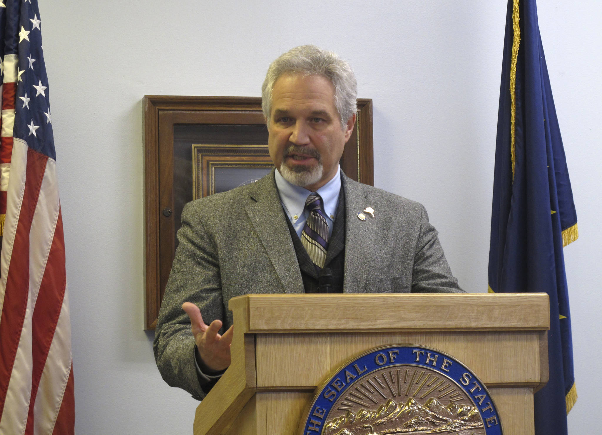 Alaska Senate President Pete Kelly speaks to reporters during a Senate majority news conference on Thursday, April 13, 2017, in Juneau, Alaska. Senate leaders discussed their priorities for the rest of the legislative session. (AP Photo/Becky Bohrer)