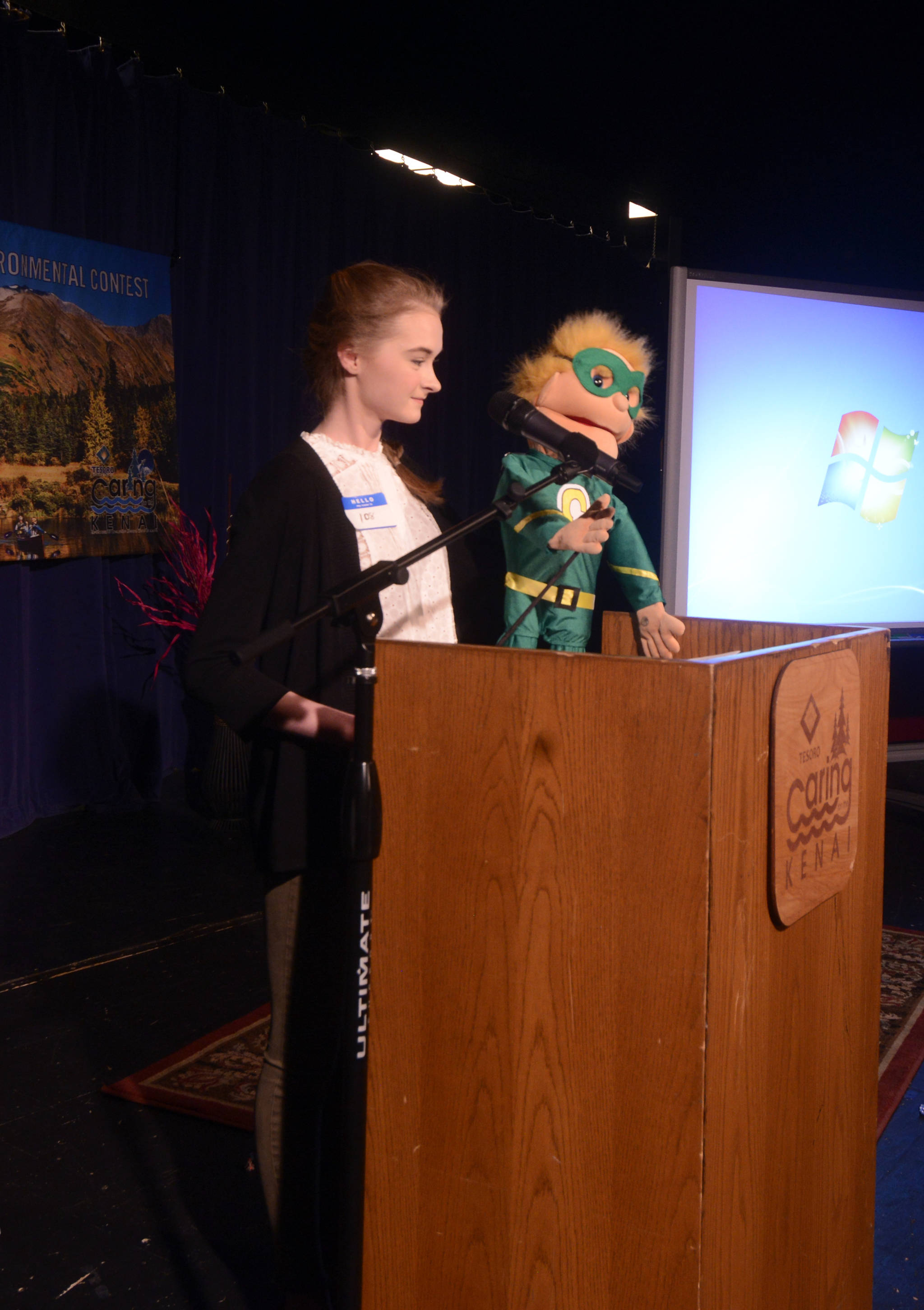 Anya Hondel, of Soldotna Prep School, took the top prize at Thursday’s Caring for the Kenai competition with her project, a puppet super hero named Captain Conservation. (Kat Sorensen/Peninsula Clarion)