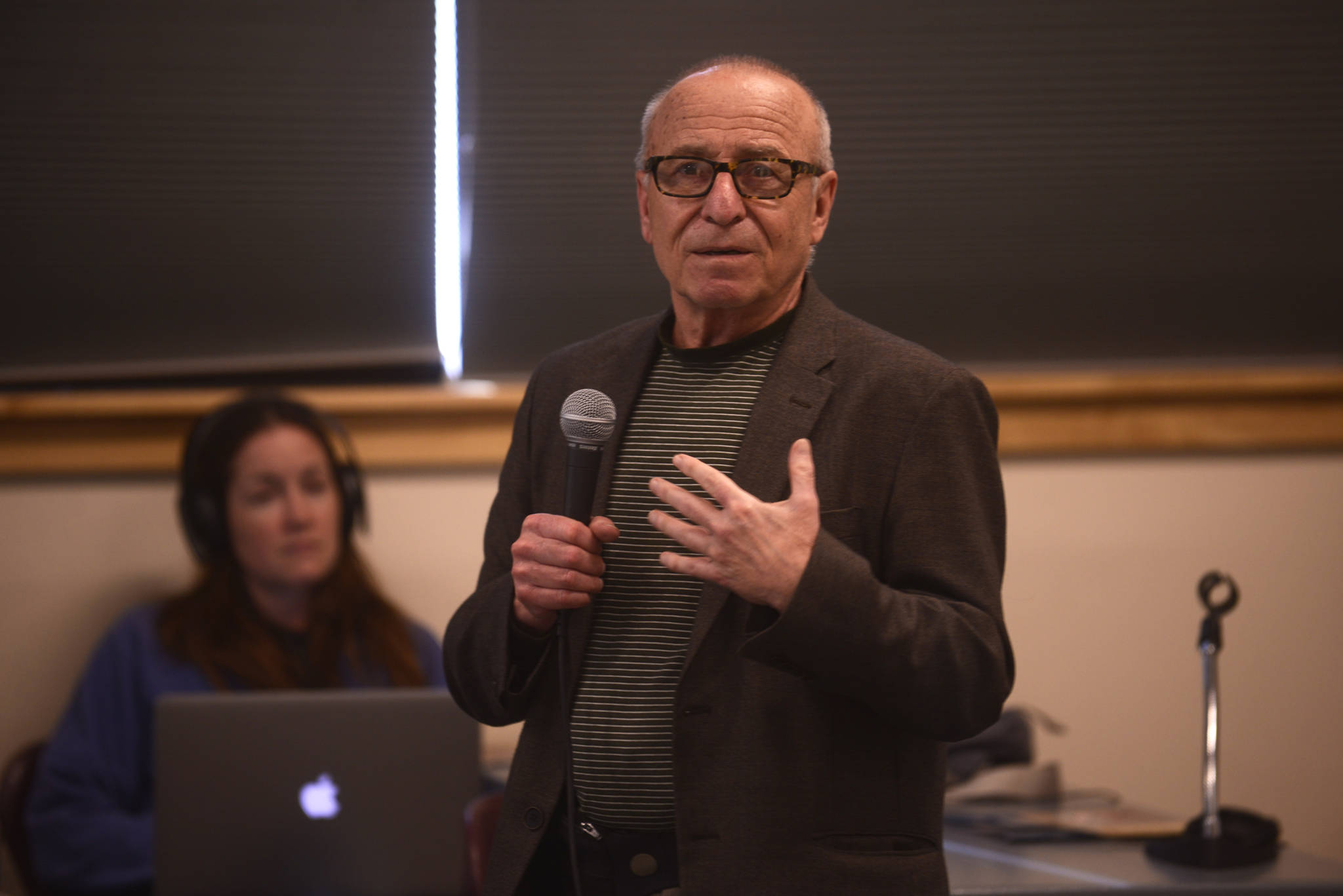 Linguist James Kari, who worked with Dena’ina speaker Peter Kalifornsky on preserving the vanishing Dena’ina language in the 1970’s, 80’s and 90’s, speaks at a Kenai Peninsula History Conference panel on Saturday, April 22, 2017 at Kenai Peninsula College near Soldotna, Alaska. Kari presented his work at both last week’s history conference and the one that preceded it in 1974. (Ben Boettger/Peninsula Clarion)