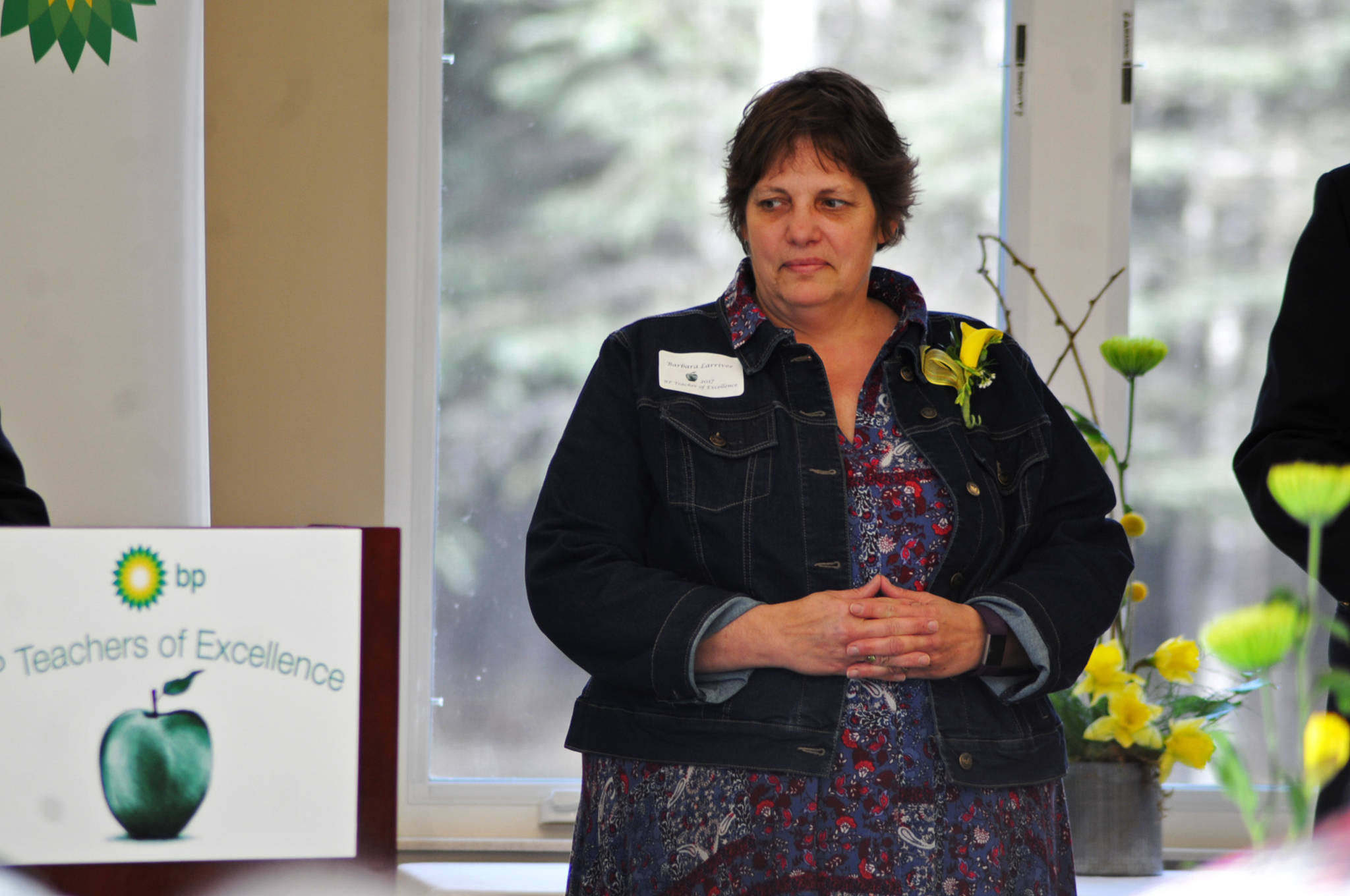 Bobbie Larrivee, a special education teacher at West Homer High School, waits to receive a certificate honoring her as one of the 2017 BP Teachers of Excellence at an awards banquet Thursday, April 27, 2017 in Soldotna, Alaska. BP recognized five teachers from around the Kenai Peninsula Borough School District for excellence in teaching with certificates, $500 gift cards and $500 donations to their schools. (Elizabeth Earl/Peninsula Clarion)