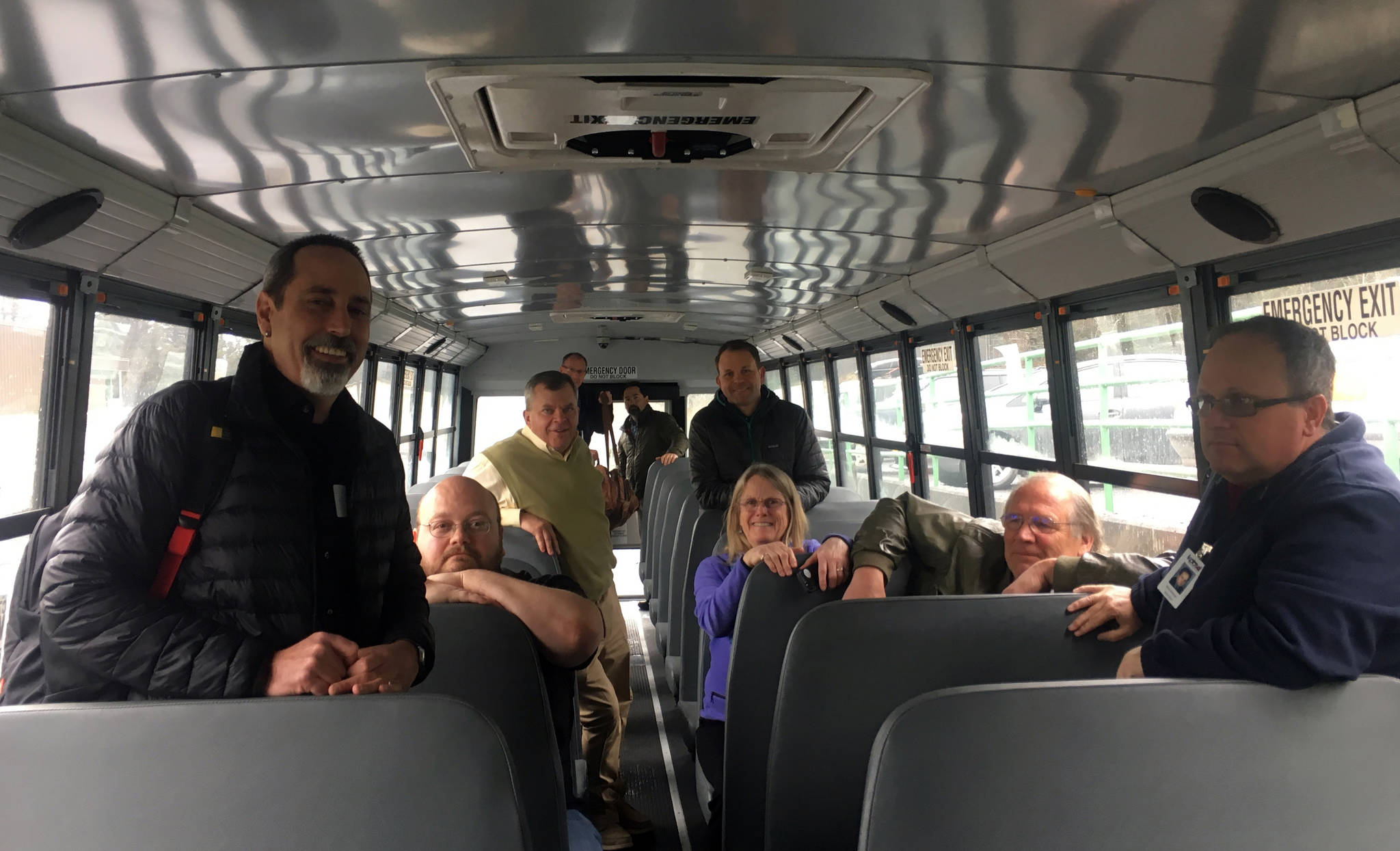 The Kenai Peninsula Borough School District Board of Education members took a ride on one of the district’s new buses from Seward High School to Seward Middle School on Monday, May 1, 2017 in Seward, Alaska. (Kat Sorensen/Peninsula Clarion)