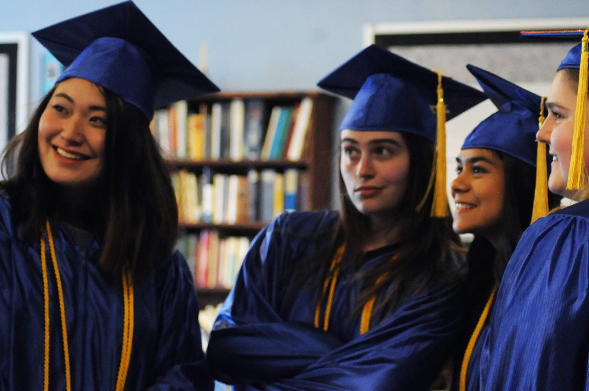 The four female graduates from Cook Inlet Academy pause to take a selfie before their graduation ceremony Sunday, May 7, 2017 in Soldotna, Alaska. (Elizabeth Earl/Peninsula Clarion)  The four female graduates from Cook Inlet Academy pause to take a selfie before their graduation ceremony Sunday in Soldotna. (Elizabeth Earl/Peninsula Clarion)