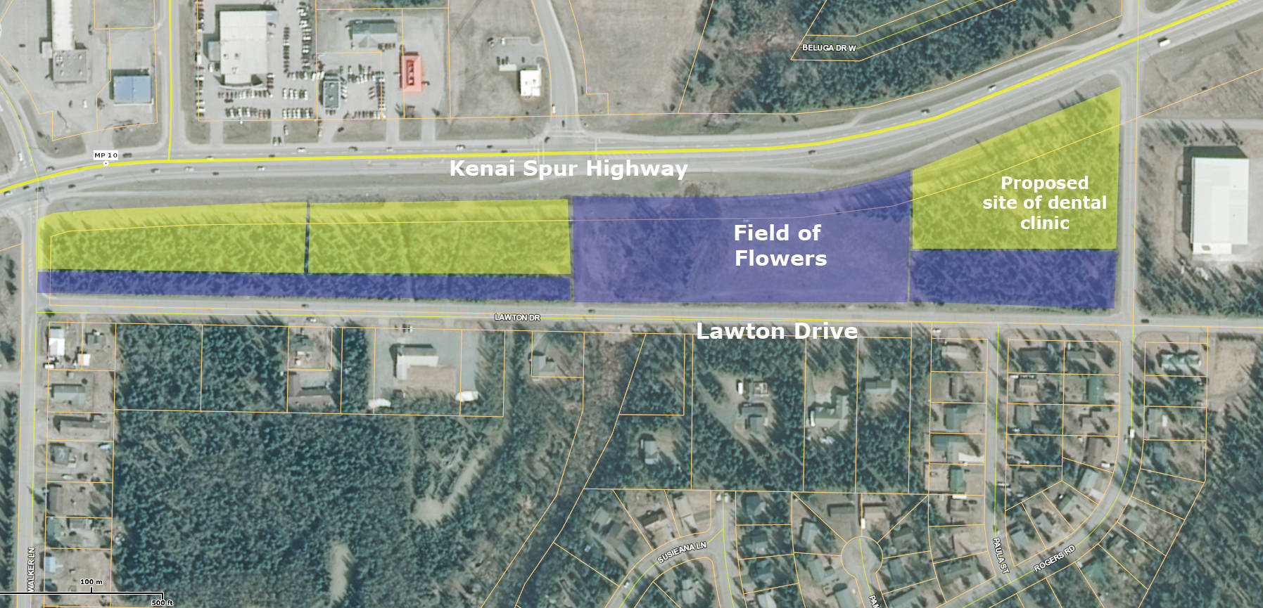 This map of the city-owned wooded strip between the Kenai Spur Highway and Lawton Drive shows Kenai city manager Paul Ostrander's compromise in a land use debate between residents to the south seeking to preserve the strip as a buffer from the highway and business owners who've sought to develop it. Under Ostrander's plan, which the Kenai city council will discuss in a May 15 worksession, the blue areas would remain in city ownership while the yellow areas would be put out to bid for private acquisition. This map was taken from the Kenai Peninsula Borough's parcel viewer and modified by the Peninsula Clarion with information from the Kenai City Council.