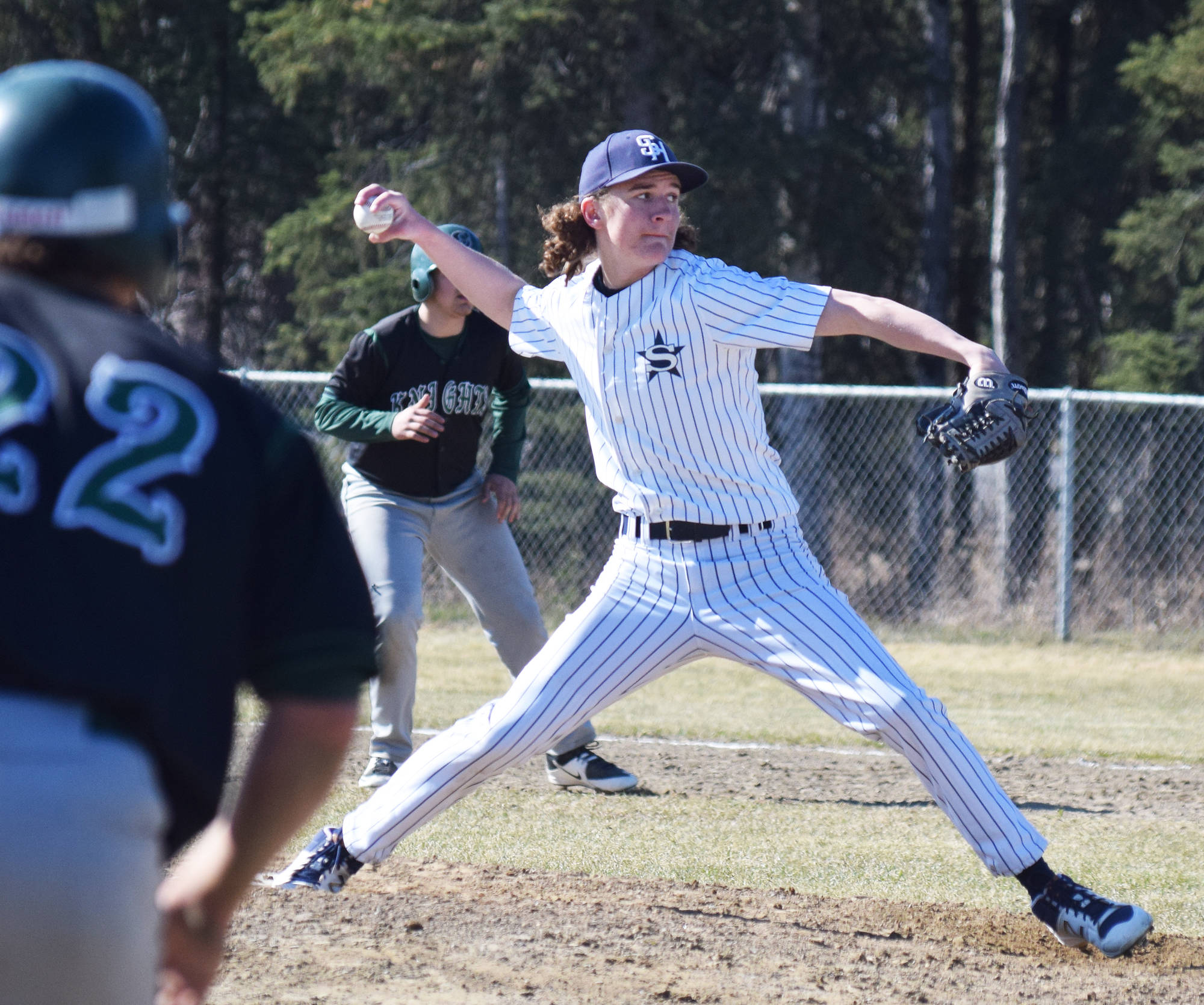 Soldotna starter Matthew Daugherty works out of a jam against Colony, Tuesday afternoon at the Soldotna baseball fields. (Photo by Joey Klecka/Peninsula Clarion)