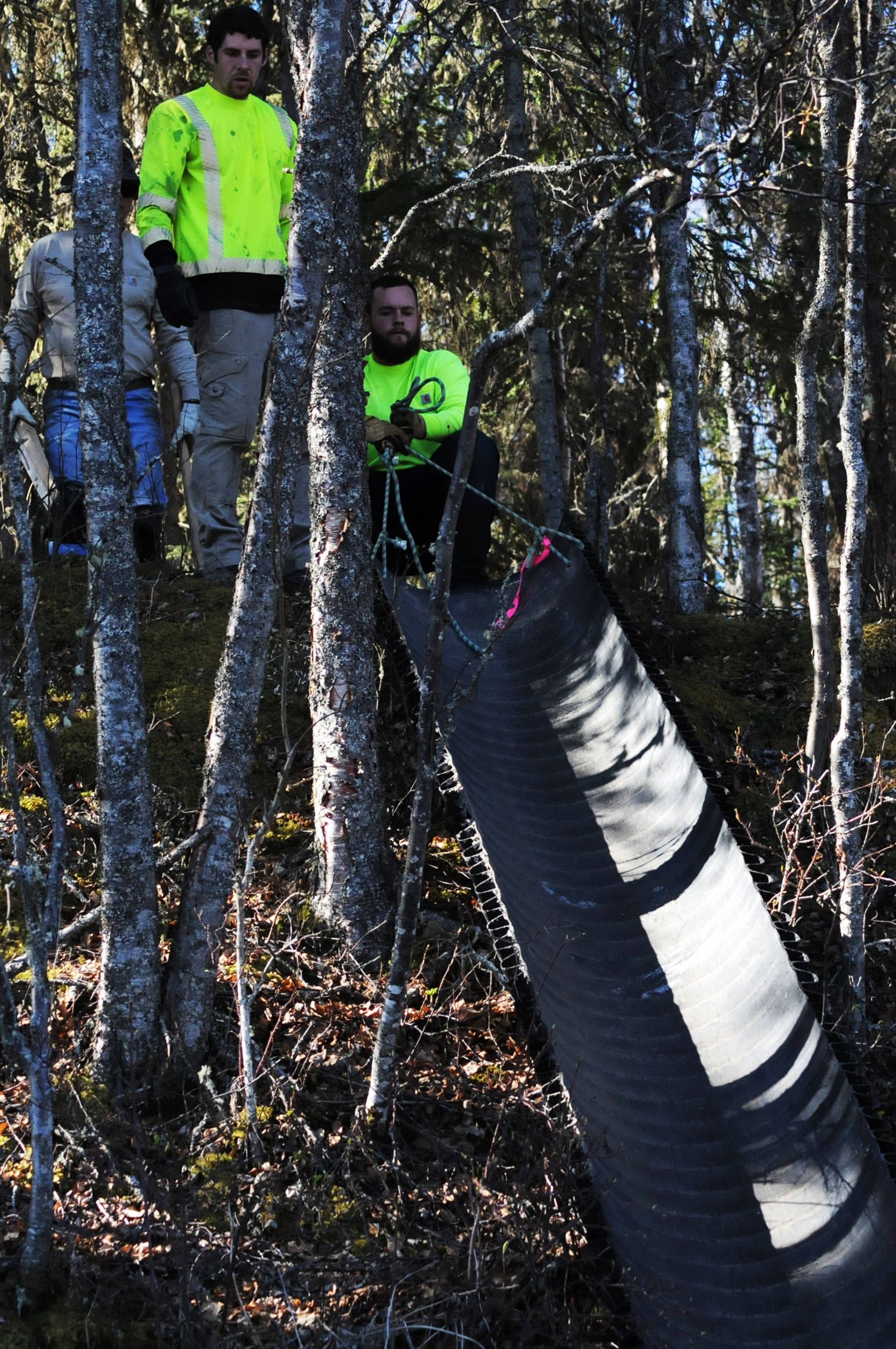 Alaska Department of Fish and Game staff arrange a chute to pour dirt down during streambank restoration work as part of a workshop at the Donald E. Gilman River Center on Wednesday, May 10, 2017 in Soldotna, Alaska. The free two-day annual workshop, hosted by Fish and Game, teaches people how to properly restore damaged fish habitat along streams in Alaska. (Elizabeth Earl/Peninsula Clarion)  Alaska Department of Fish and Game staff arrange a chute to pour dirt down during streambank restoration work as part of a workshop at the Donald E. Gilman River Center on Wednesday in Soldotna. The free two-day annual workshop, hosted by Fish and Game, teaches people how to properly restore damaged fish habitat along streams in Alaska. (Elizabeth Earl/Peninsula Clarion)
