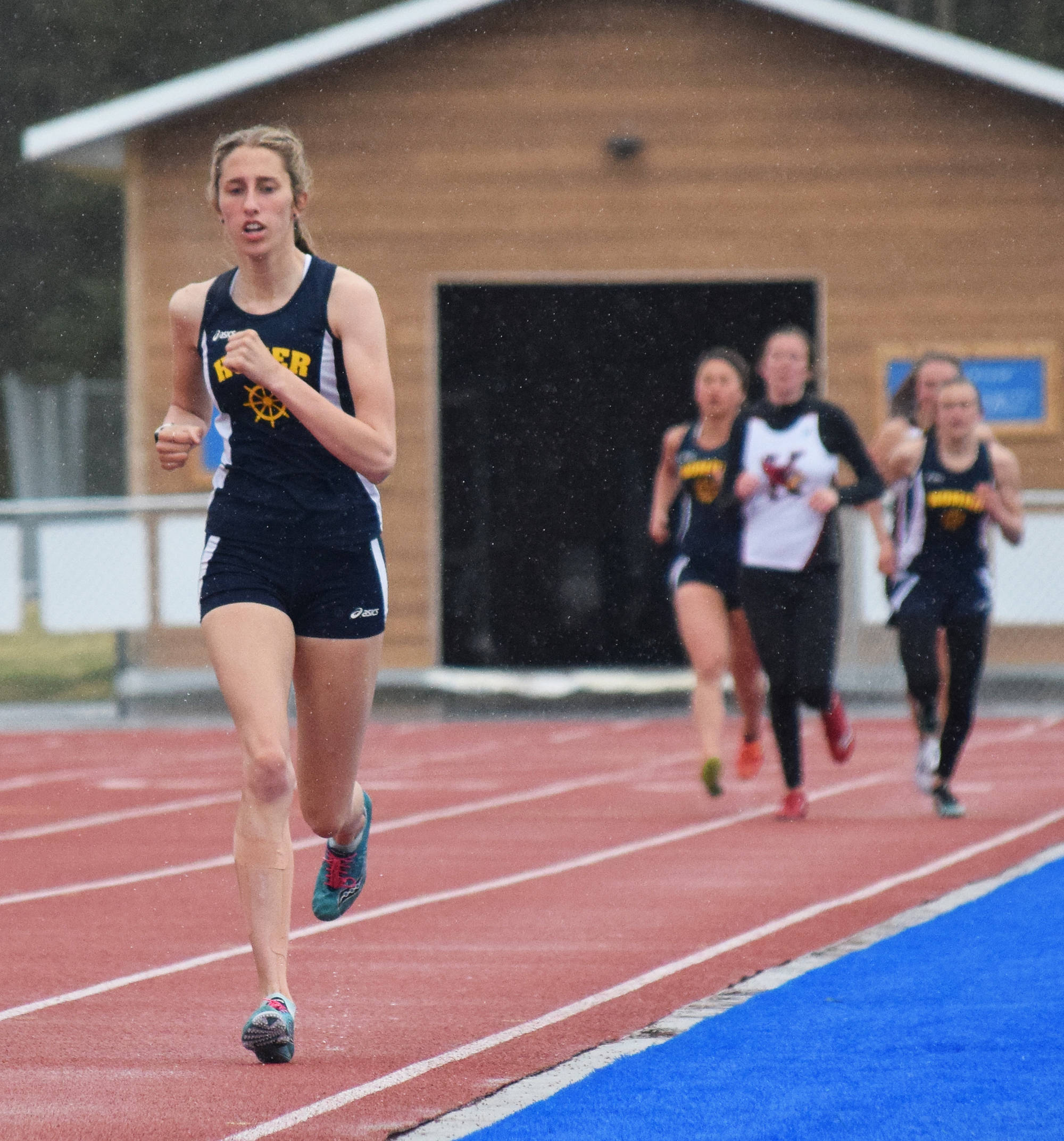 Homer senior Audrey Rosencrans leads the field in the girls 1,600 meters Saturday afternoon at the Kenai Peninsula Borough track and field championships at Justin Maile Field in Soldotna. (Photo by Joey Klecka/Peninsula Clarion)