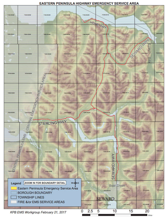 This map shows the newly formed Eastern Peninsula Highway Emergency Service Area, which authorizes the Kenai Peninsula Borough to provide emergency services along the Sterling and Seward Highways, where thousands of drivers pass through largely empty land on their way to the peninsula every day. (Courtesy the Kenai Peninsula Borough)