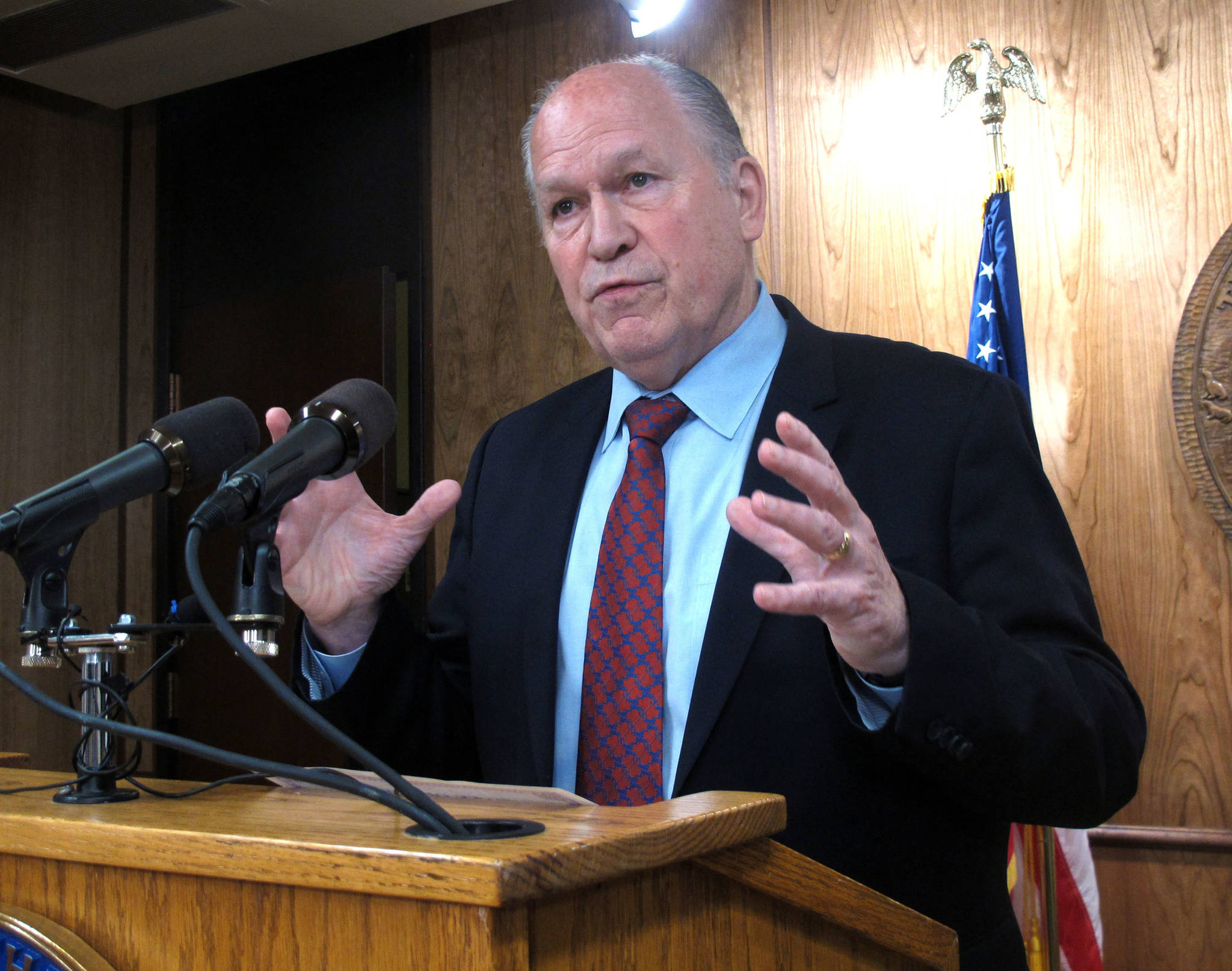 Alaska Gov. Bill Walker gestures during a news conference on Thursday, May 18, 2017, in Juneau, Alaska. Thursday marked the first day of a special session called by Walker to address the budget and a fiscal plan for the state. (AP Photo/Becky Bohrer)