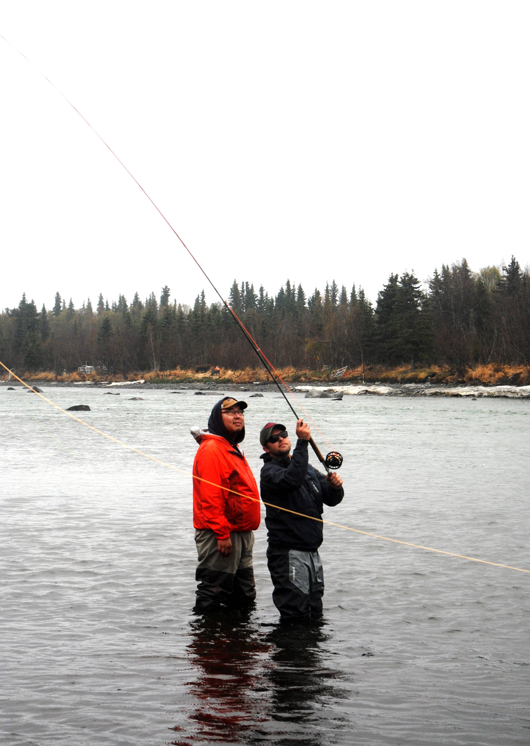 Instructor Lee Kuepper leads a two-handed spey fly fishing clinic at Soldotna Creek Park on Saturday, May 13. (Kat Sorensen/Peninsula Clarion)  Instructor Lee Kuepper leads a two-handed spey fly fishing clinic at Soldotna Creek Park in Soldotna, Alaska on Saturday, May 13, 2017. (Kat Sorensen/Peninsula Clarion)