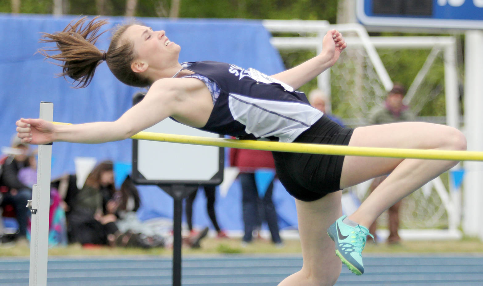 Soldotna’s Aliann Schmidt competes in the high jump Friday at the state track and field meet at Machetanz Field in Palmer. (Photo by Jeremiah Bartz/Frontiersman.com)
