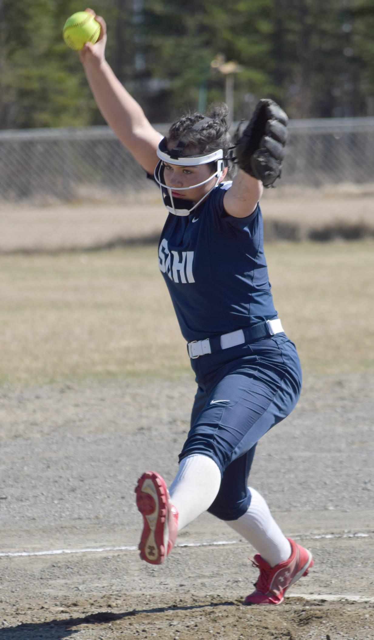 Soldotna pitcher Danielle Hills delivers to Homer on Monday, May 15, 2017, at the Soldotna Little League fields. (Photo by Jeff Helminiak/Peninsula Clarion)