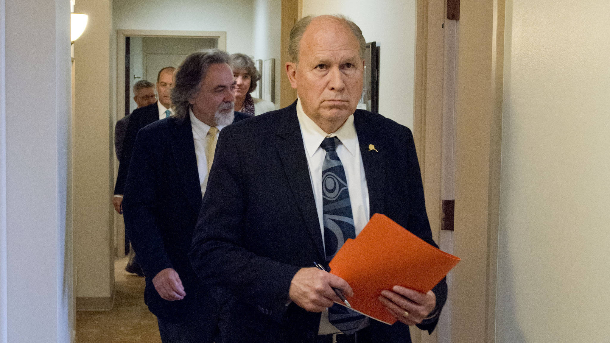 Gov. Bill Walker walks into the Cabinet Room to present his compromise plan to the House Minority. (Courtesy photo/Office of the Governor)