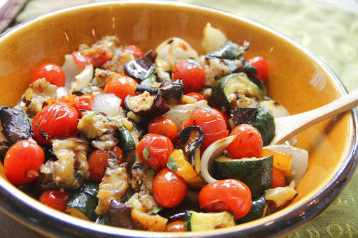 This May 29, 2017 photo shows grilled ratatouille in Coronado, Calif. This dish is from a recipe by Melissa d’Arabian. (Melissa d’Arabian via AP)