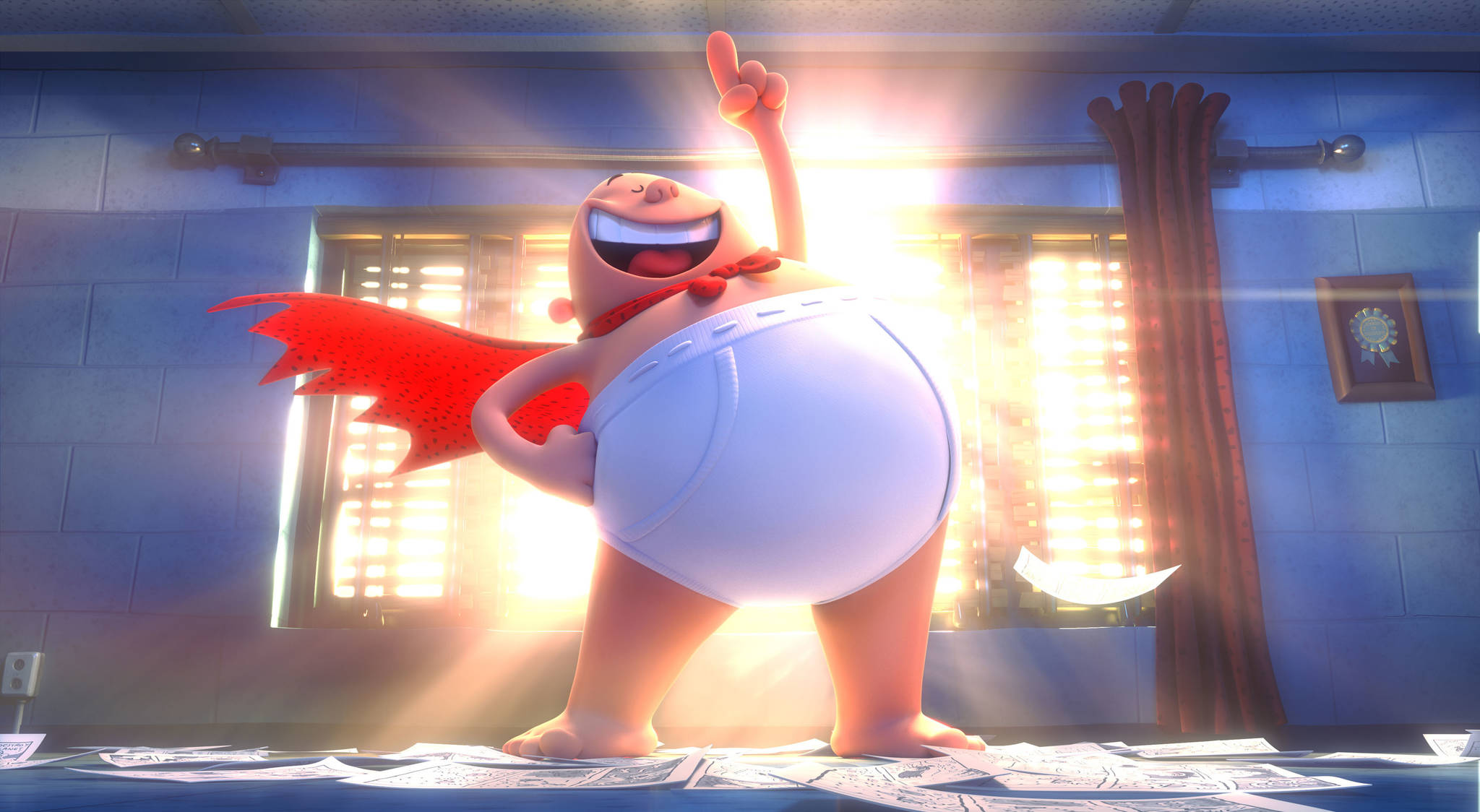 This image released by DreamWorks Animation shows Captain Underpants, voiced by Ed Helms, in a scene from “Captain Underpants: The First Epic Movie.” (DreamWorks Animation via AP)