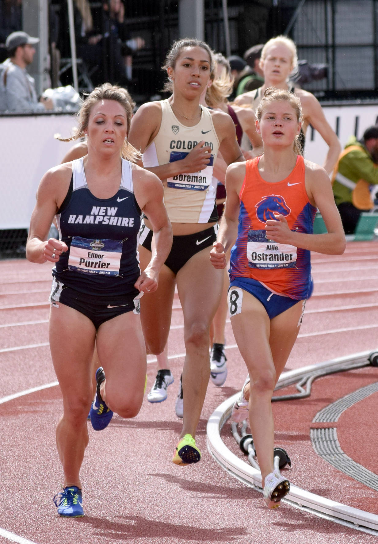 Boise State redshirt freshman Allie Ostrander (8) runs with New Hampshire’s Elinor Purrier on Saturday, June 10, 2017, in the 3,000-meter steeplechase at the NCAA Outdoor Track and Field Championships at Hayward Field in Eugene, Oregon. Ostrander won the race, while Purrier was fourth. (Photo provided by Boise State Sports Information)