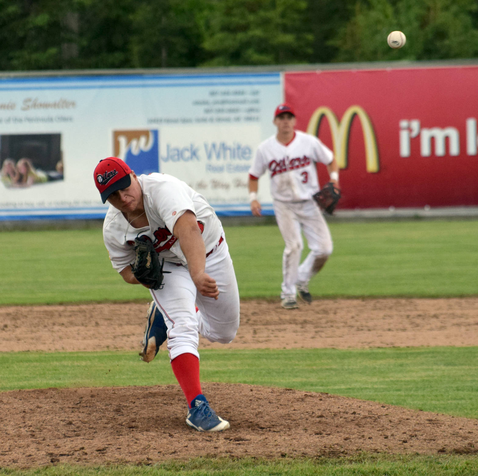 Oilers’ Preston Plovanich delivers to the Mat-Su Miners on Sunday, June 11, 2017, in the second game of a doubleheader at Coral Seymour Memorial Park in Kenai. (Photo by Jeff Helminiak/Peninsula Clarion)