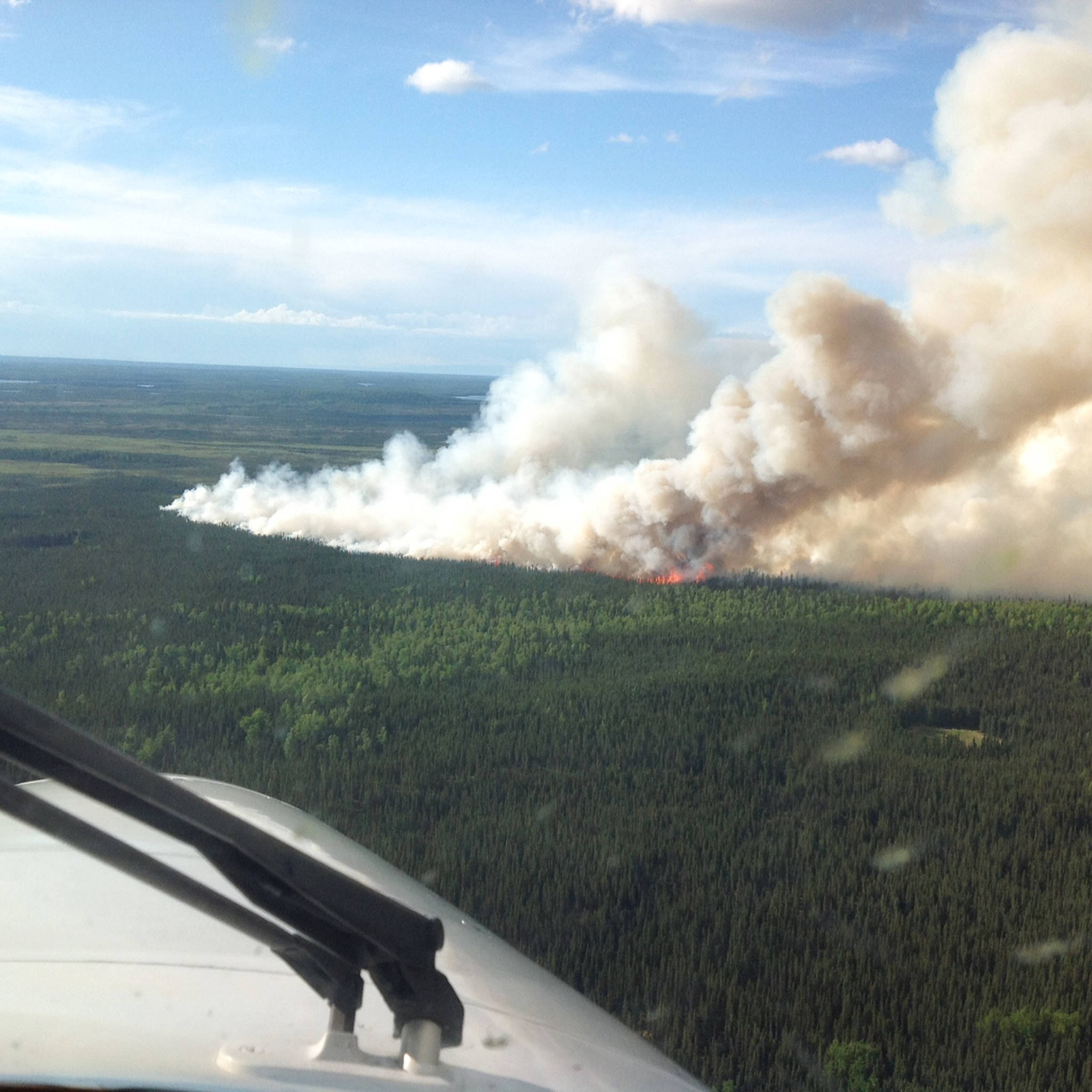 The Swan Lake wildfire burns in the Kenai National Wildlife Refuge as seen from the air Thursday, June 15, 2017 near Sterling, Alaska. The Alaska Division of Forestry estimated Thursday that the fire is 150 acres and burning 5-6 miles north of the Sterling Highway. (Photo courtesy Tim Mowry, Alaska Division of Forestry)