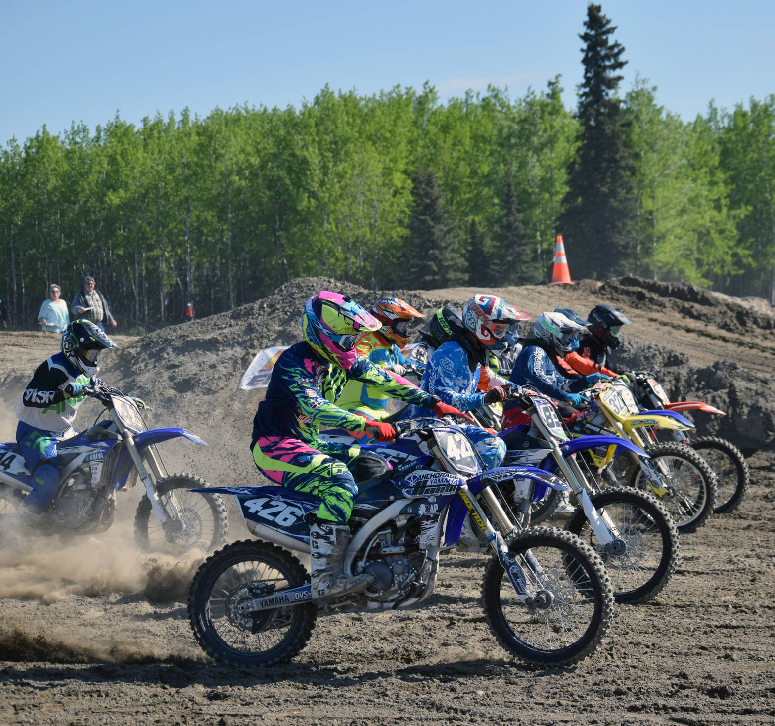 Ben LaMay (426) races to a lead at the start of the Pro race Saturday, June 17, 2017, at the Alaska State Motocross Championships at Twin City Raceway in Kenai. (Photo by Jeff Helminiak/Peninsula Clarion)