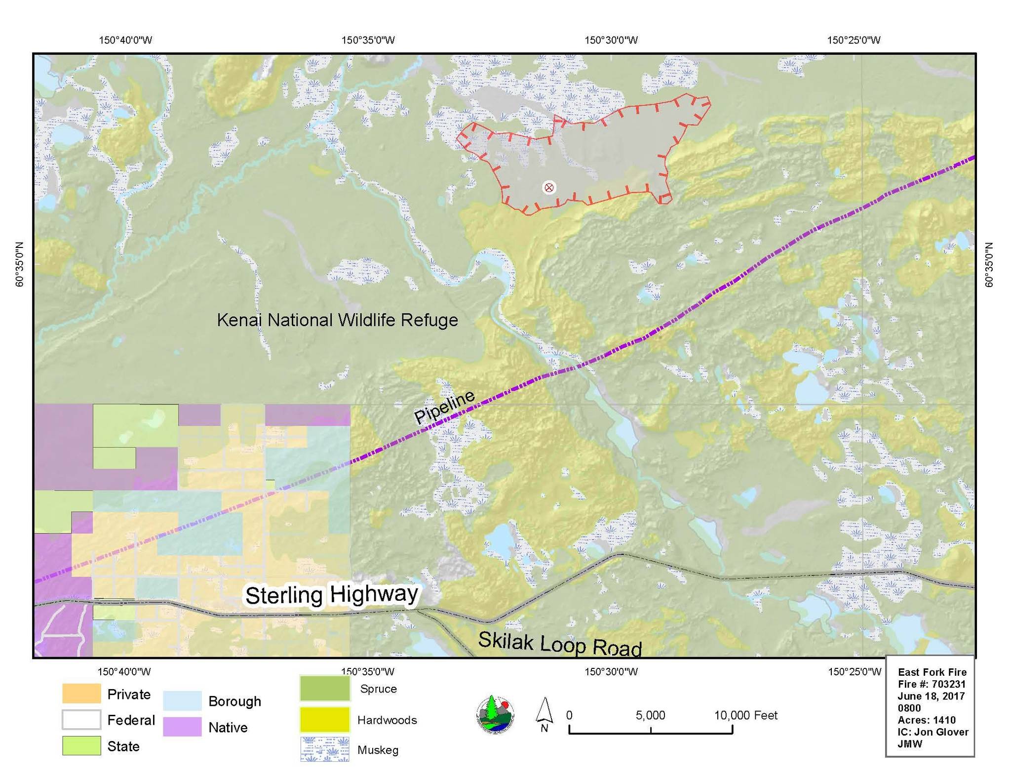 This map, issued Sunday, June 18, 2017 by the Alaska Division of Forestry shows the area burned by the East Fork Fire near Sterling, Alaska. (Photo courtesy the Alaska Division of Forestry)