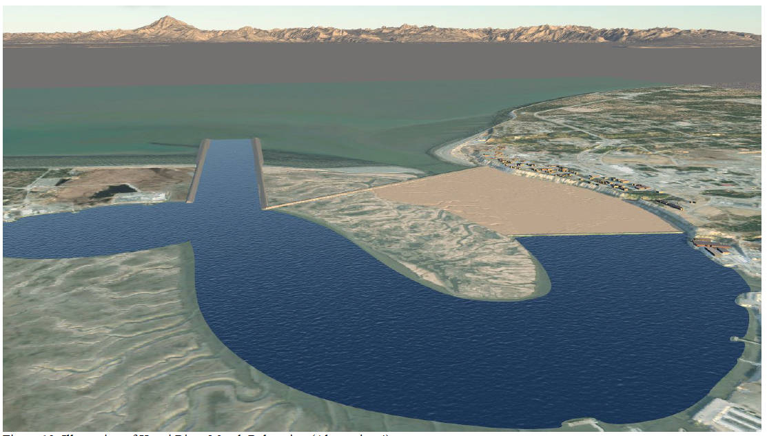 This computer-generated graphic, included in a U.S Army Corps of Engineers report on the Kenai bluff erosion project, illustrates a rejected plan to mitigate bluff erosion by moving the mouth of the Kenai River.