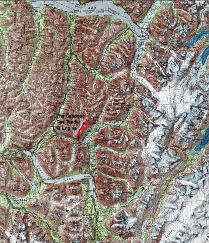 This map included in a geographic names report by the Alaska Historical Commission shows the proposed names for three peaks and a ridge near Moose Pass, Alaska. (Courtesy the Alaska Historical Commission)